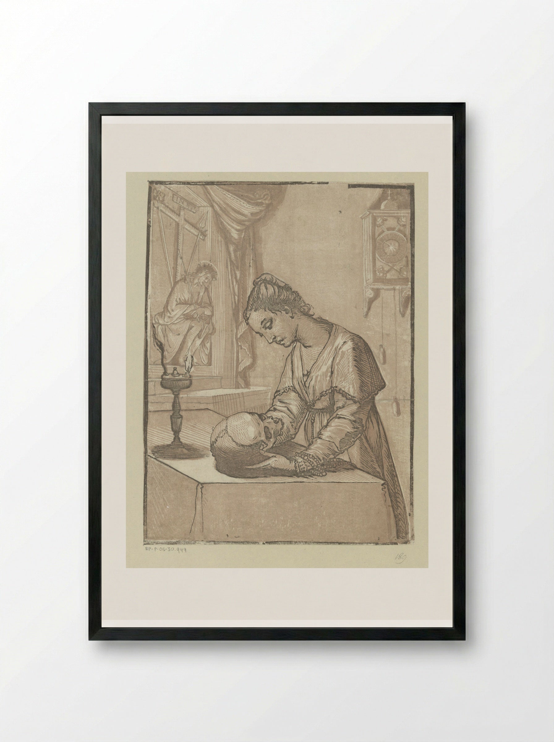 Vrouw met een schedel - Andrea Andreani - Framed Print Black