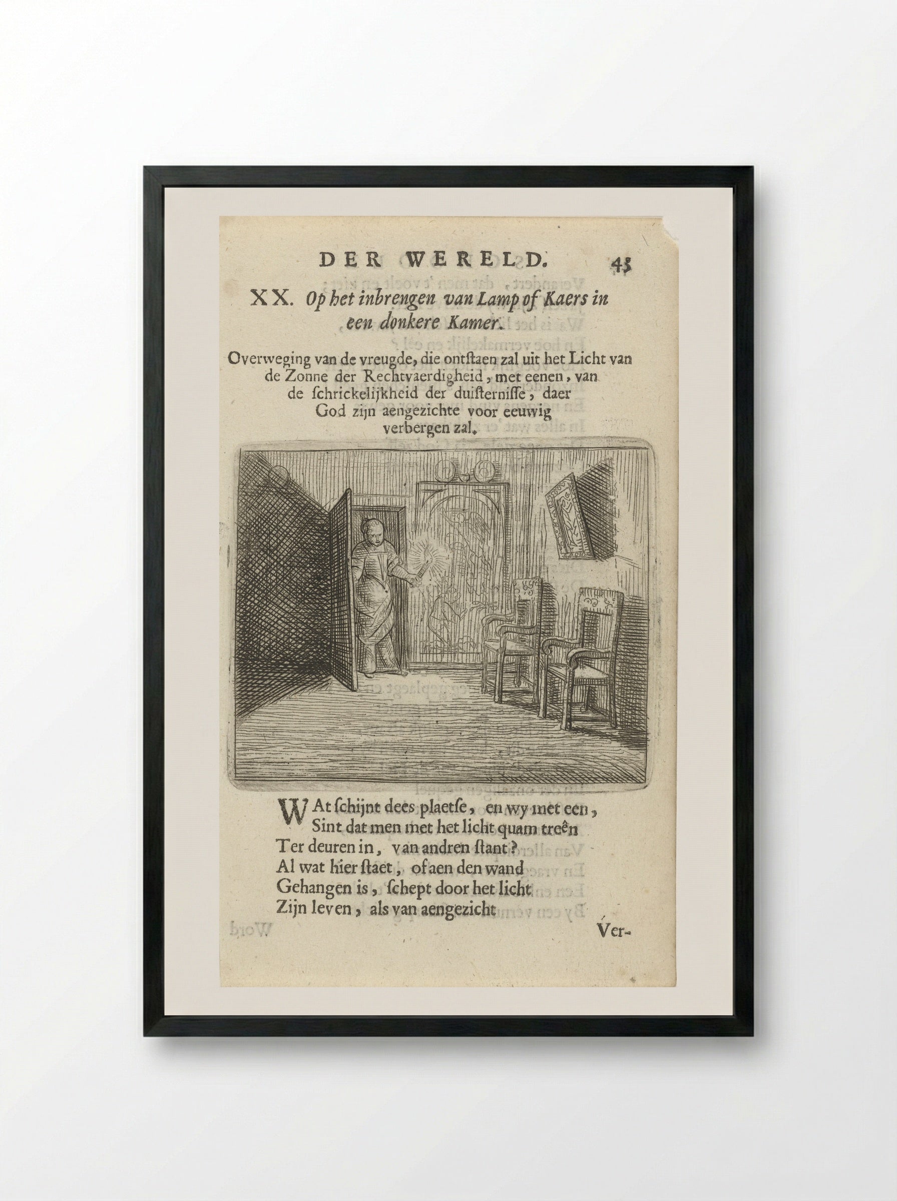 Vrouw met kaars in een duistere kamer - Arnold Houbraken - Framed Print Black