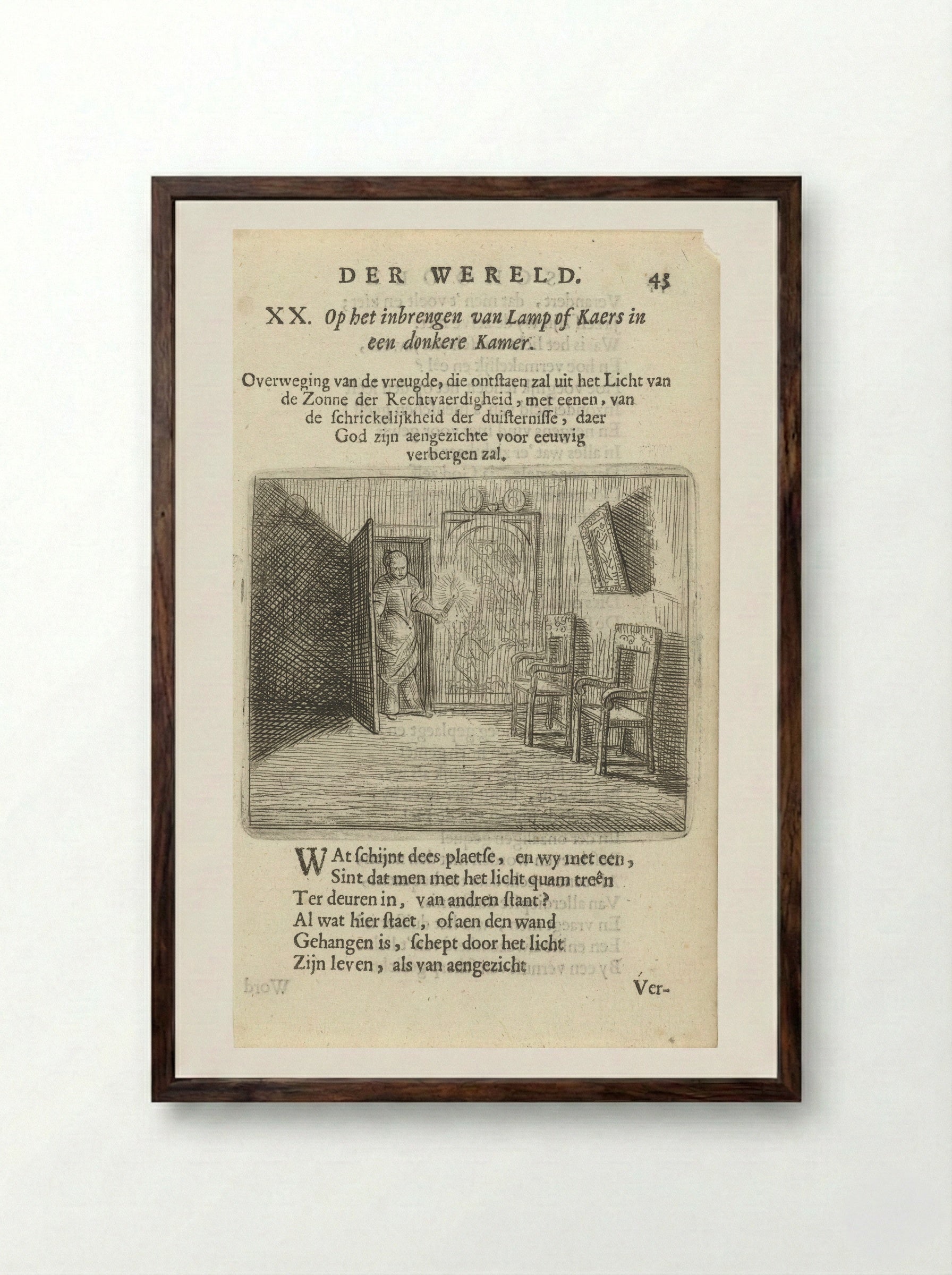 Vrouw met kaars in een duistere kamer - Arnold Houbraken - Framed Print Dark Wood