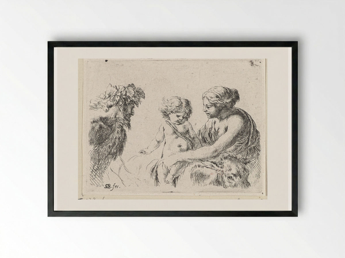 Vrouw met kind en sater - Jacques van Merlen - Framed Print Black