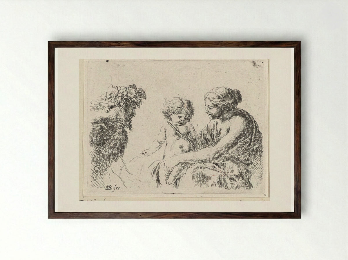 Vrouw met kind en sater - Jacques van Merlen - Framed Print Dark Wood