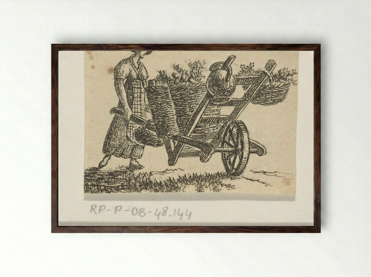 Vrouw met kruiwagen - Otto Baron Howen - Framed Print Dark Wood
