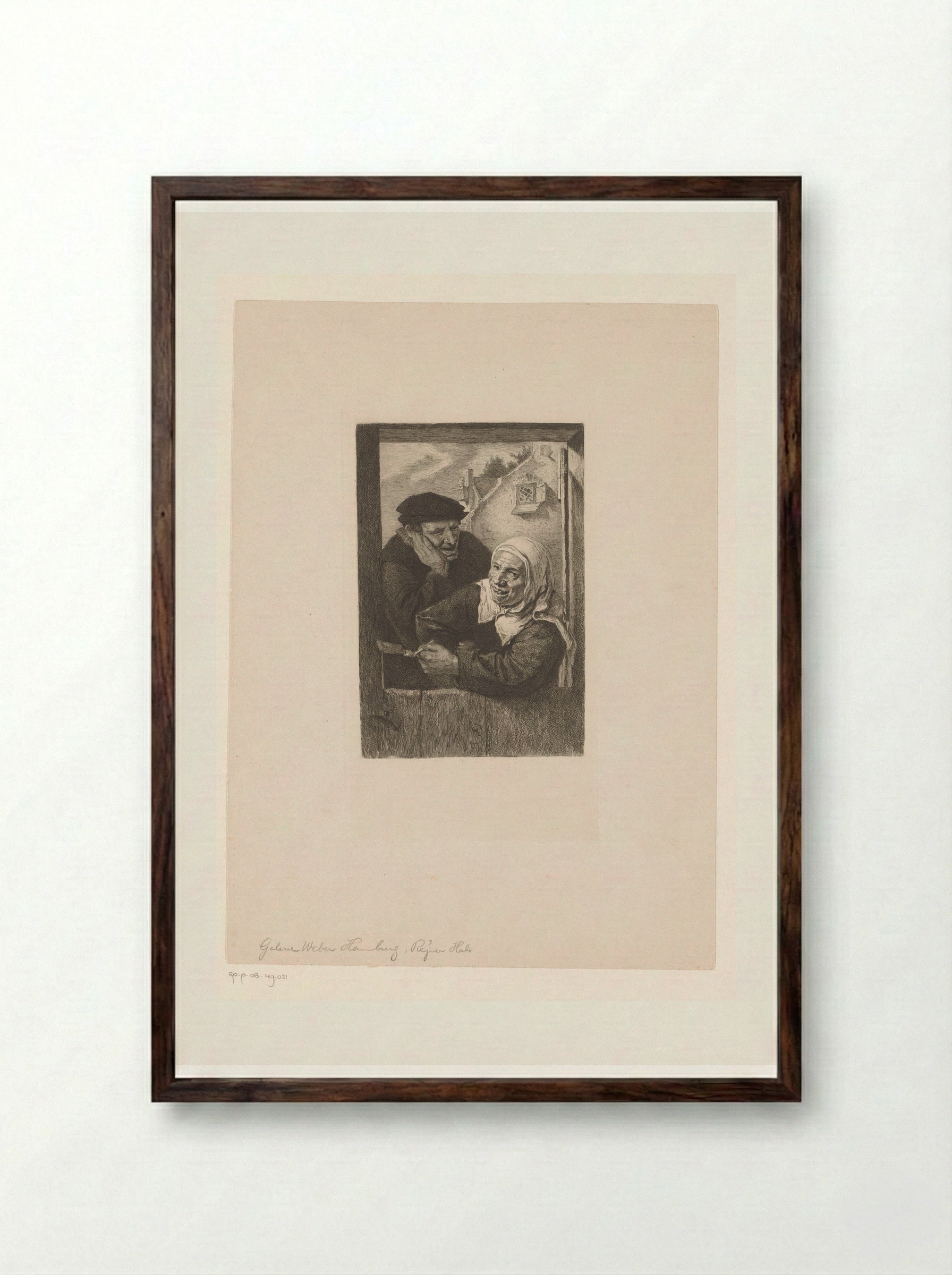 Vrouw met pijp en man in deuropening - Léopold Flameng - Framed Print Dark Wood