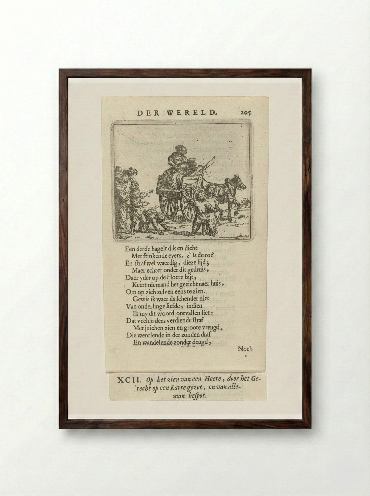Vrouw op een kar wordt bespot - Arnold Houbraken - Framed Print Dark Wood