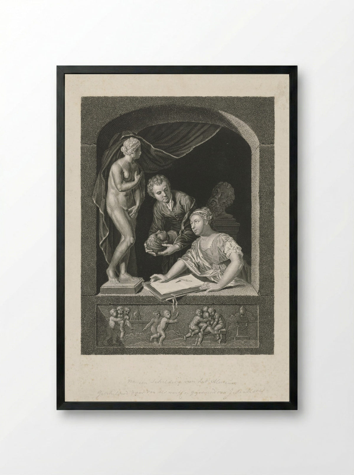 Vrouw tekenend in een venster - Johannes de Mare - Framed Print Black