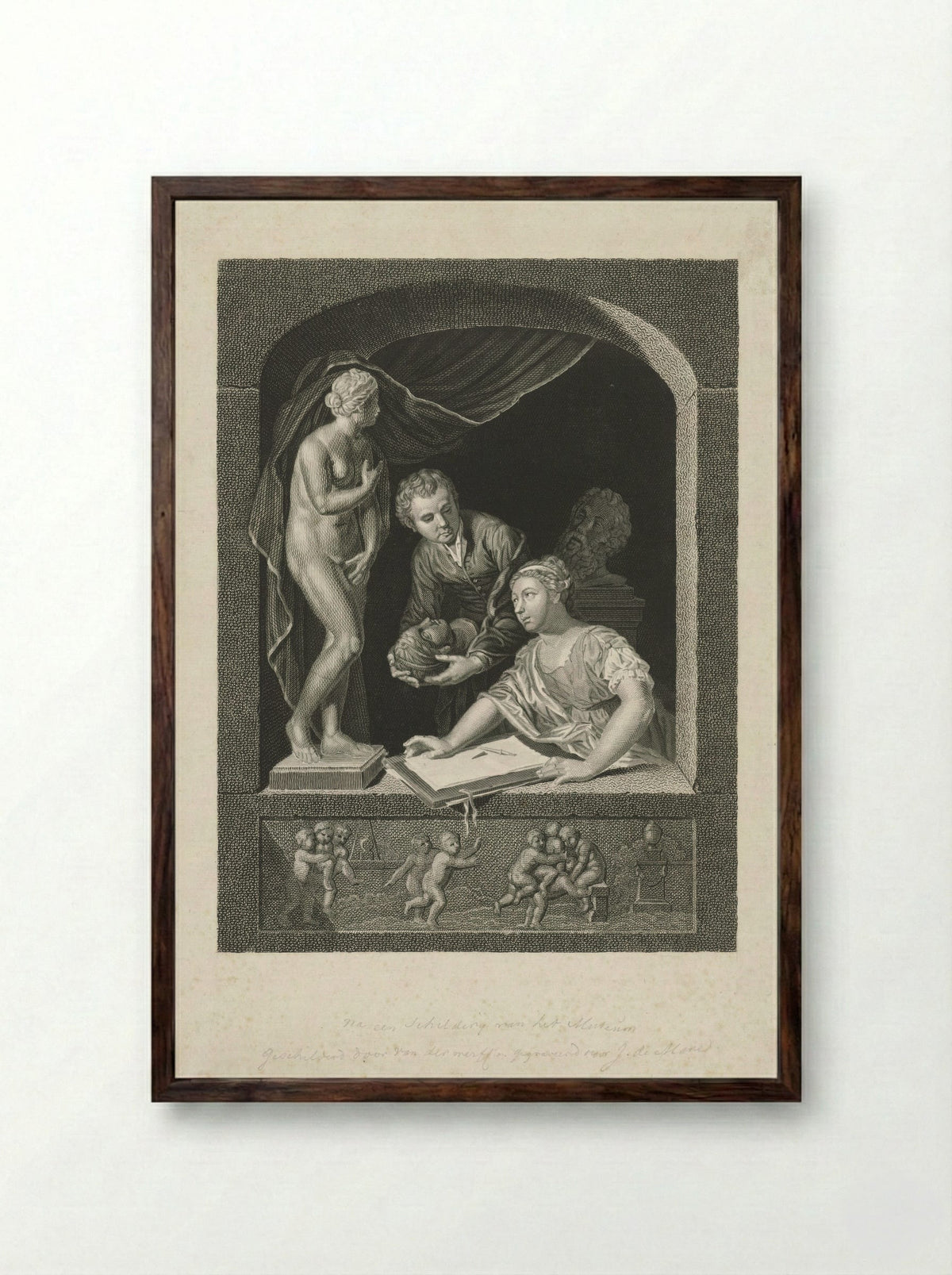 Vrouw tekenend in een venster - Johannes de Mare - Framed Print Dark Wood