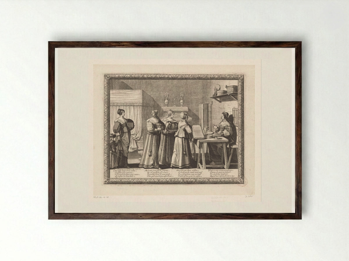 Vrouwen brengen geschenken naar de bruid - Abraham Bosse - Framed Print Dark Wood