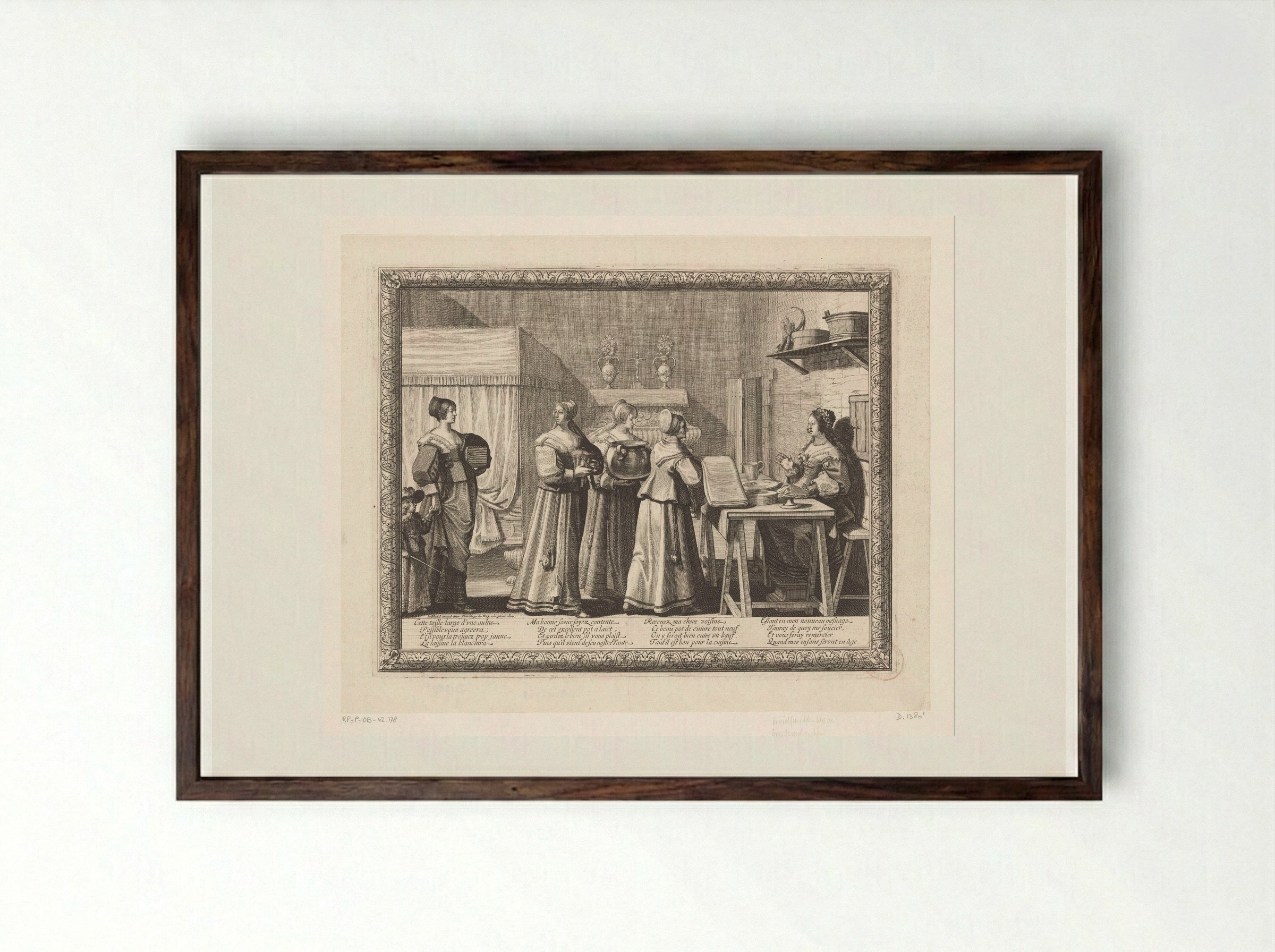 Vrouwen brengen geschenken naar de bruid - Abraham Bosse - Framed Print Dark Wood