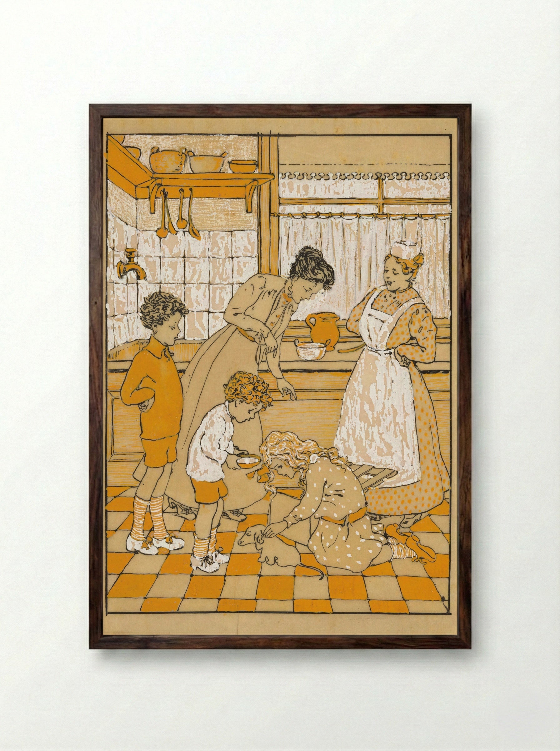 Vrouwen en kinderen met een puppy in een keuken - Nelly Spoor - Framed Print Dark Wood