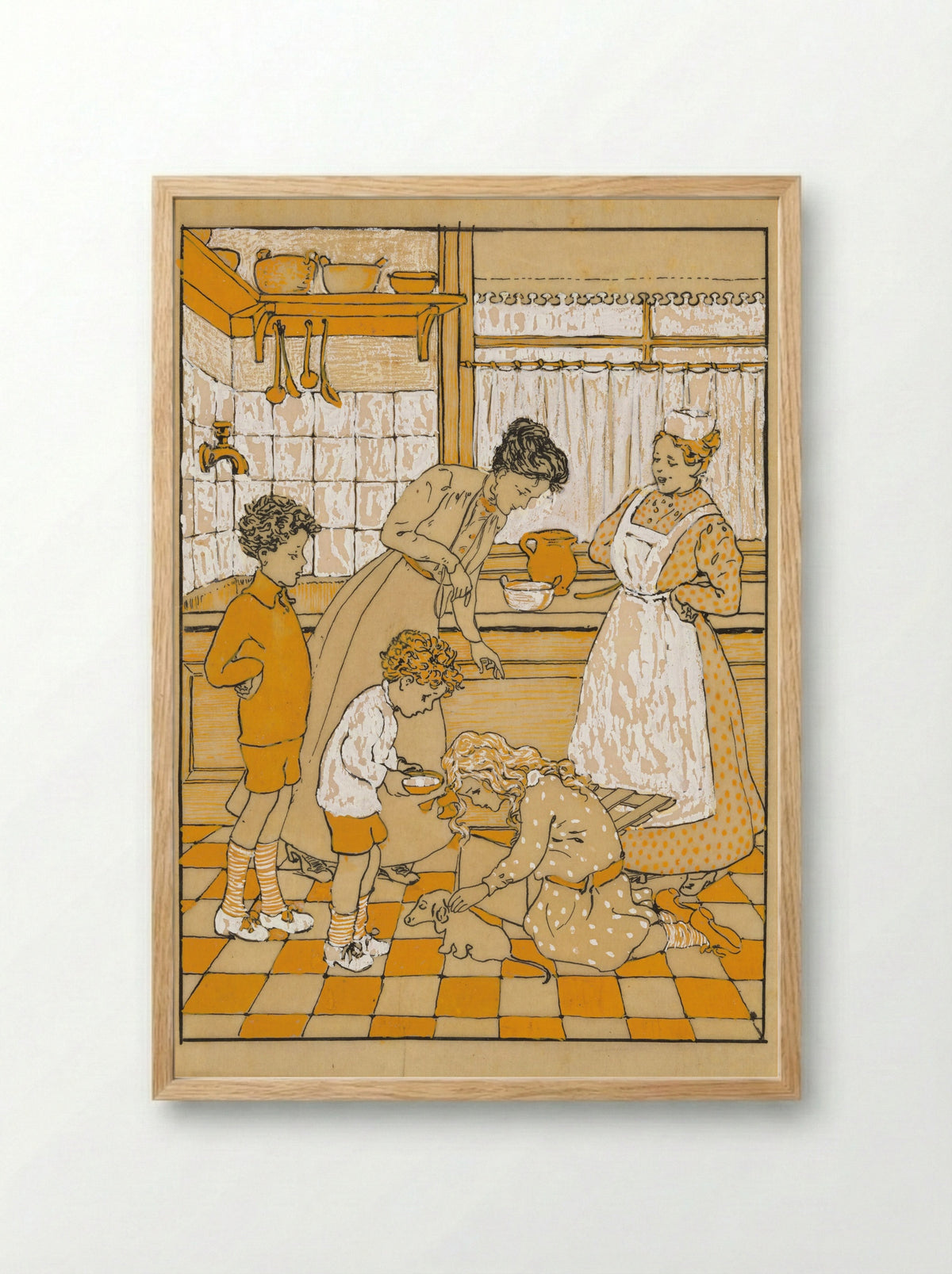 Vrouwen en kinderen met een puppy in een keuken - Nelly Spoor - Framed Print Wood