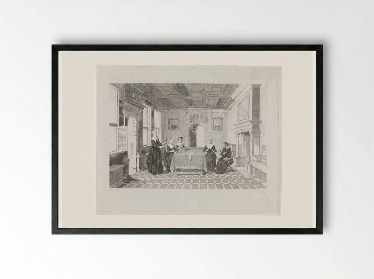 Vrouwen met bloemen in een vertrek - David van der Kellen - Framed Print Black