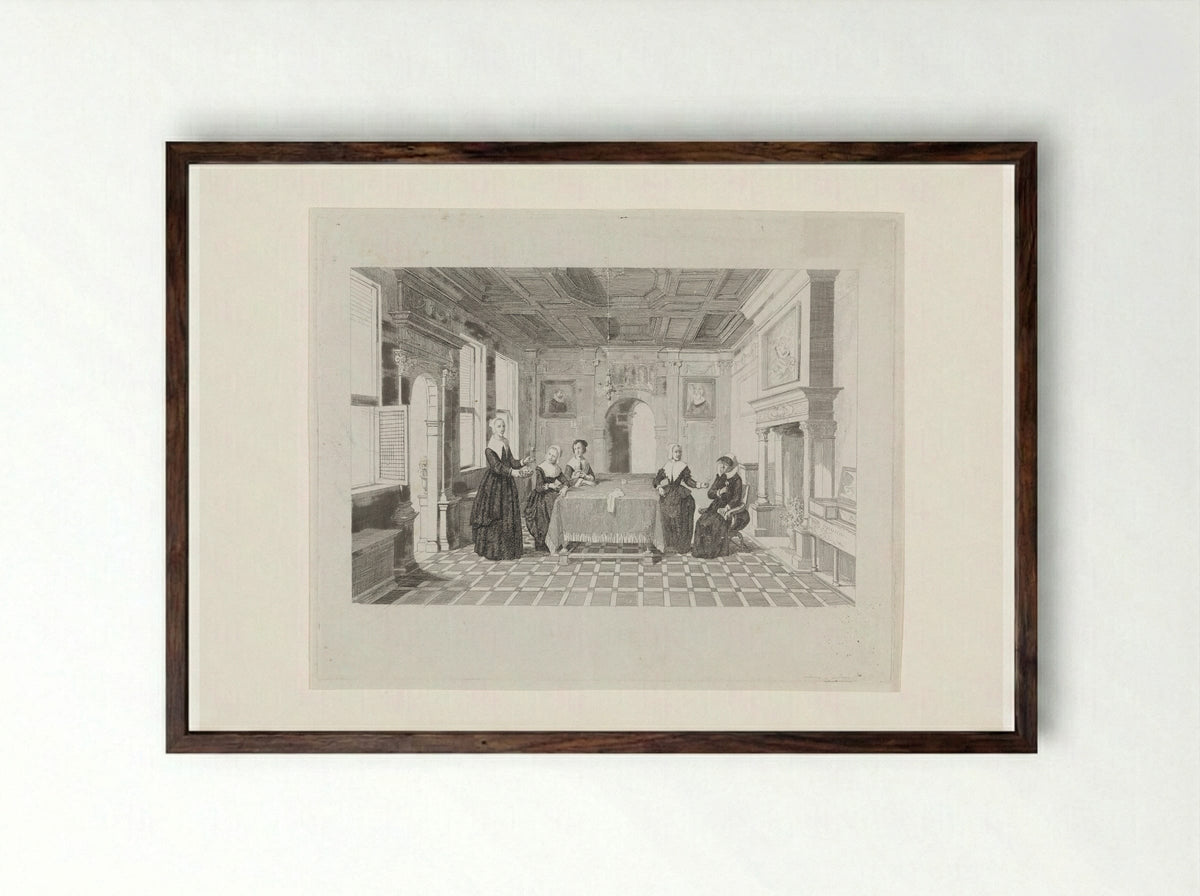 Vrouwen met bloemen in een vertrek - David van der Kellen - Framed Print Dark Wood