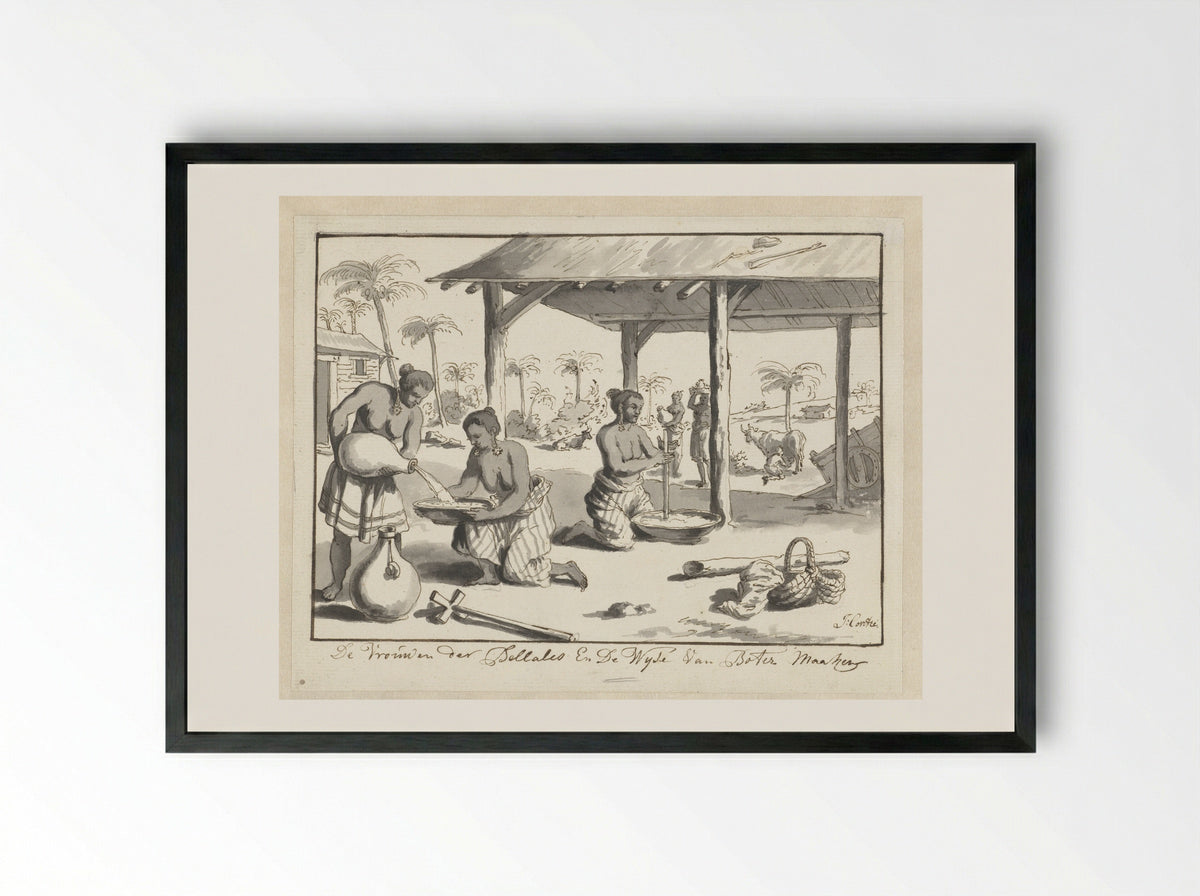 Vrouwen van de stam der Bellales op Ceylon maken boter - Jean Covitré - Framed Print Black