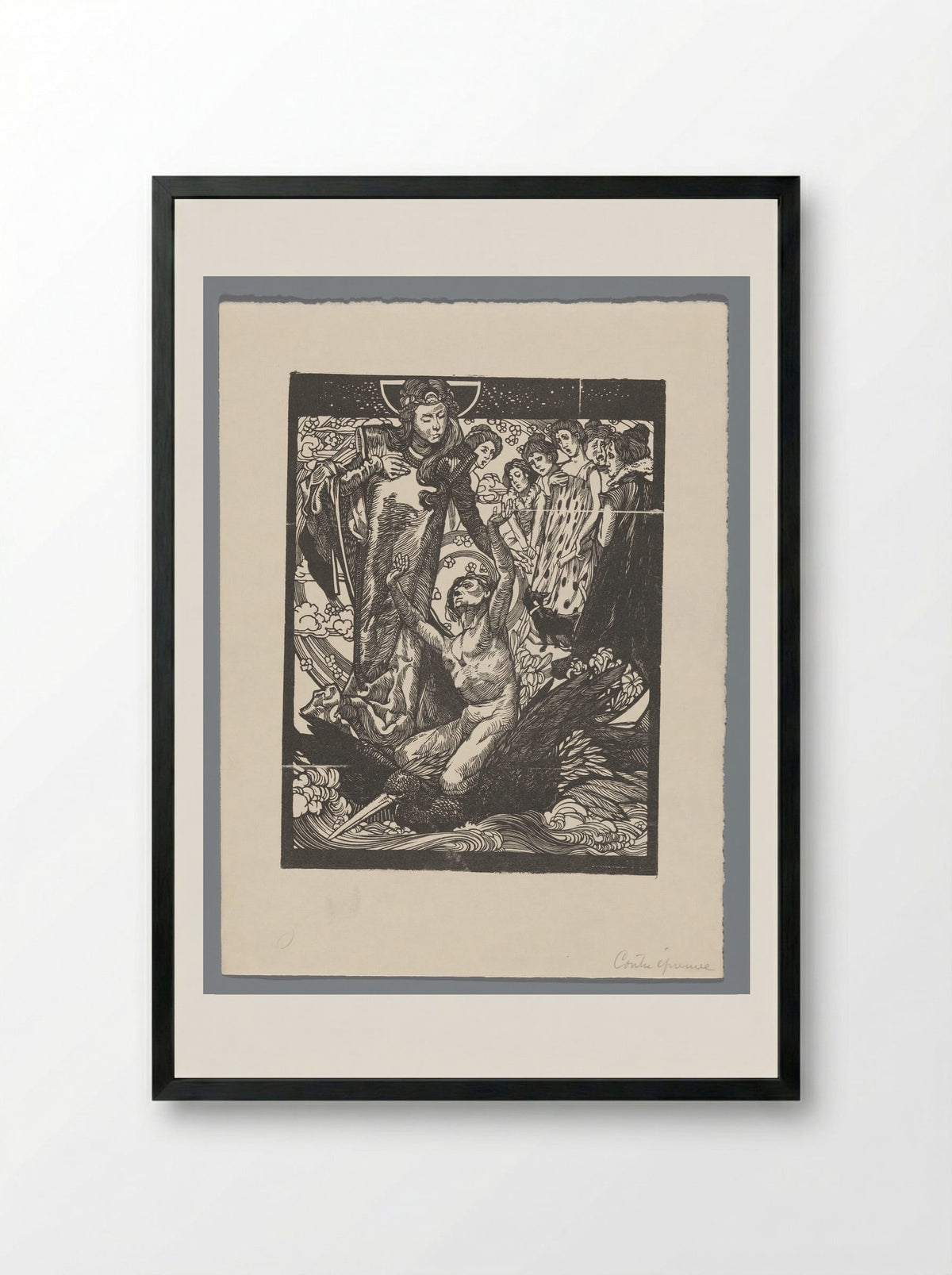 Vrouwenfiguren met man op rug van vogel - Johannes Josephus Aarts - Framed Print Black