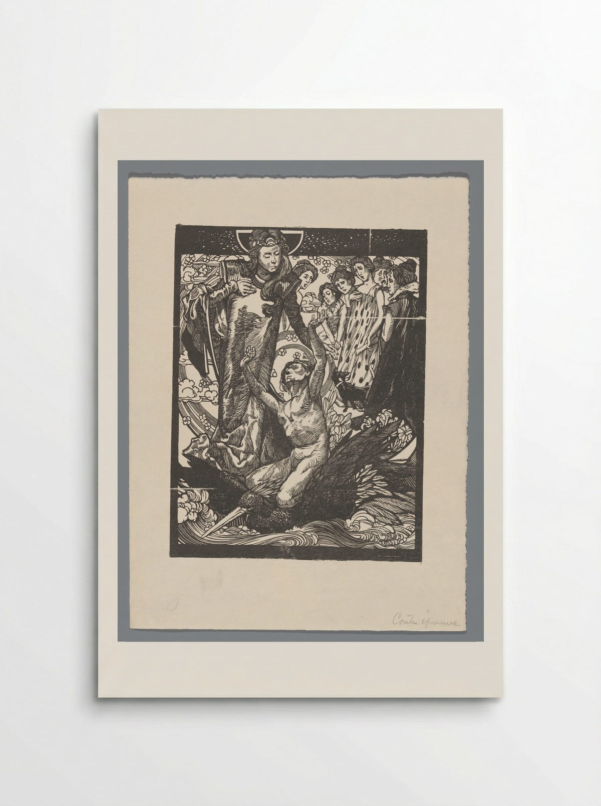 Vrouwenfiguren met man op rug van vogel - Johannes Josephus Aarts - Poster