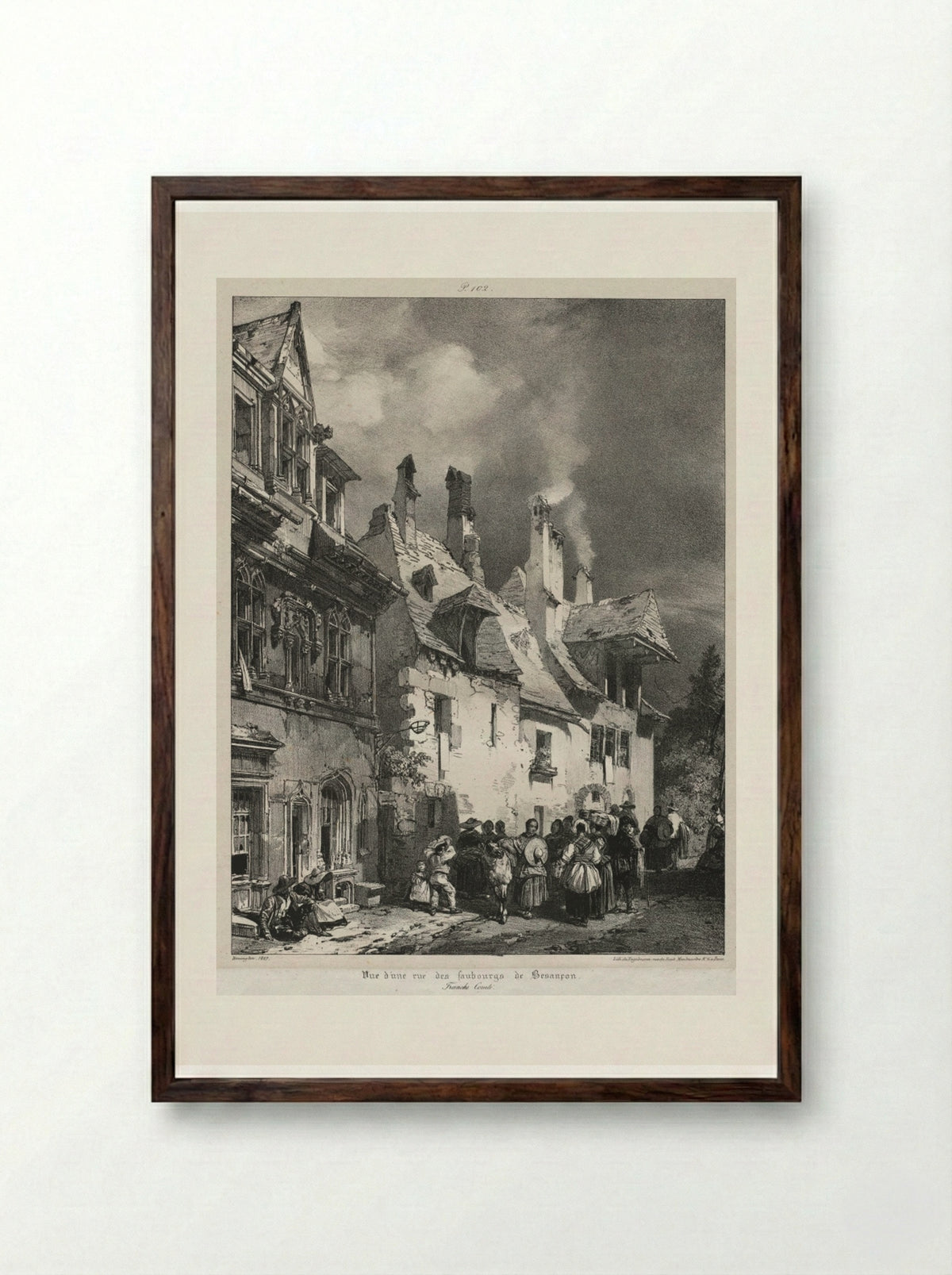 Vue d'une rue des faubourgs de Besançon - Richard Parkes Bonington - Framed Print Dark Wood