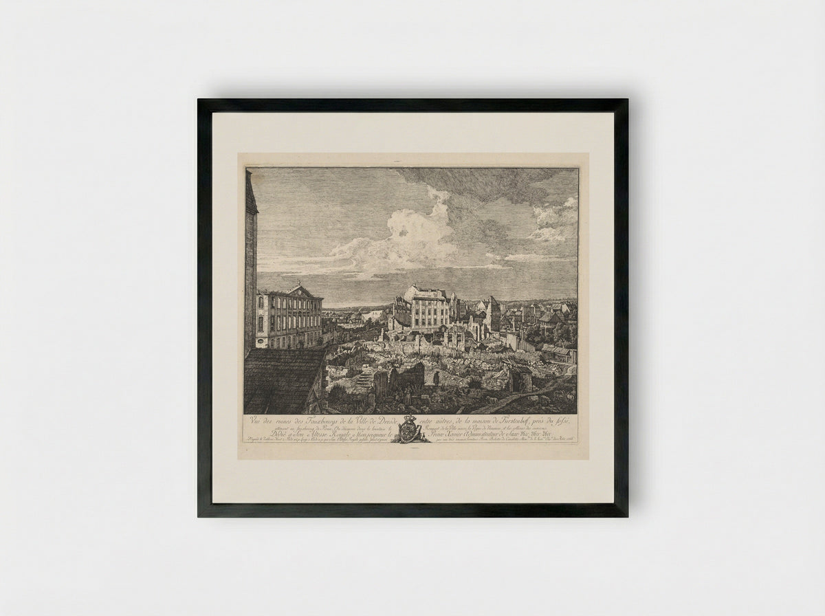 Vue des ruines des Fauxbourgs de la Ville de Dresde - Bernardo Bellotto - Framed Print Black