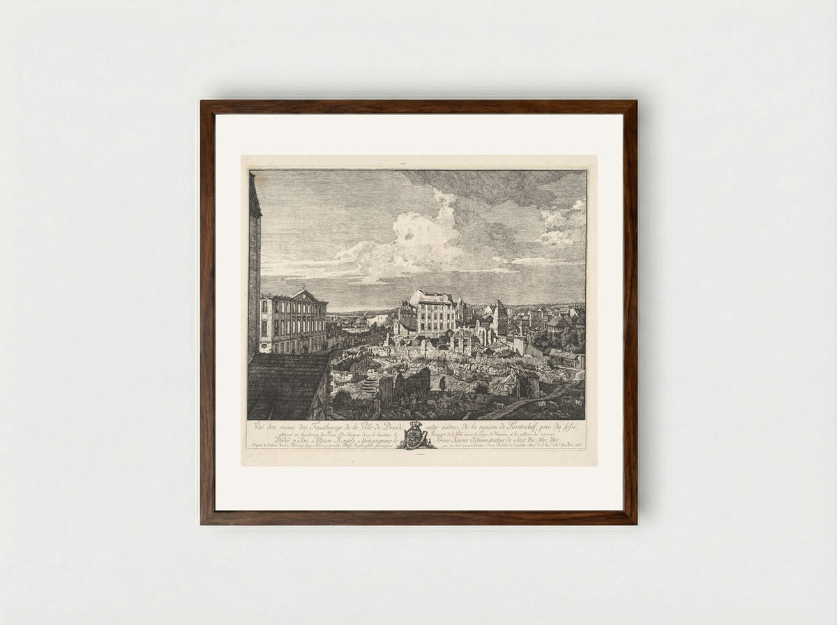 Vue des ruines des Fauxbourgs de la Ville de Dresde - Bernardo Bellotto - Framed Print Dark Wood