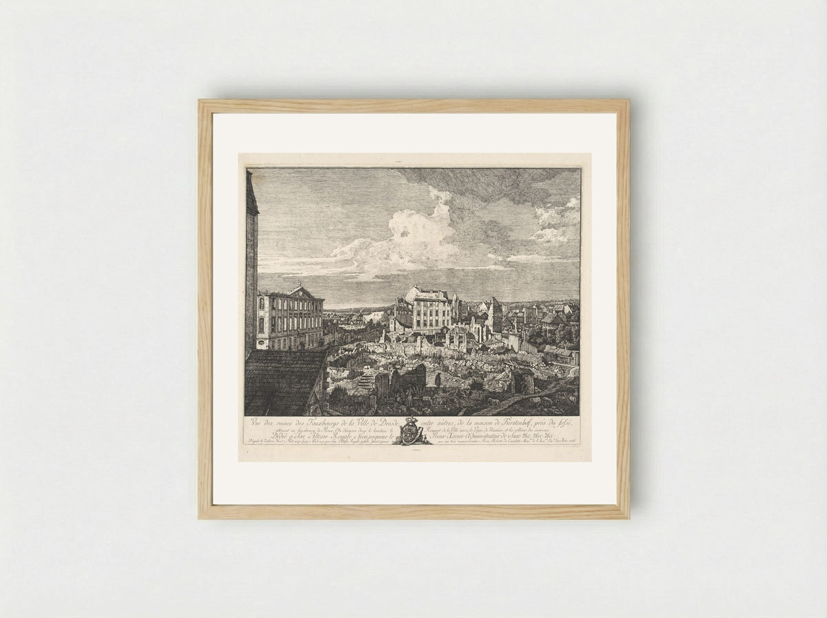 Vue des ruines des Fauxbourgs de la Ville de Dresde - Bernardo Bellotto - Framed Print Wood