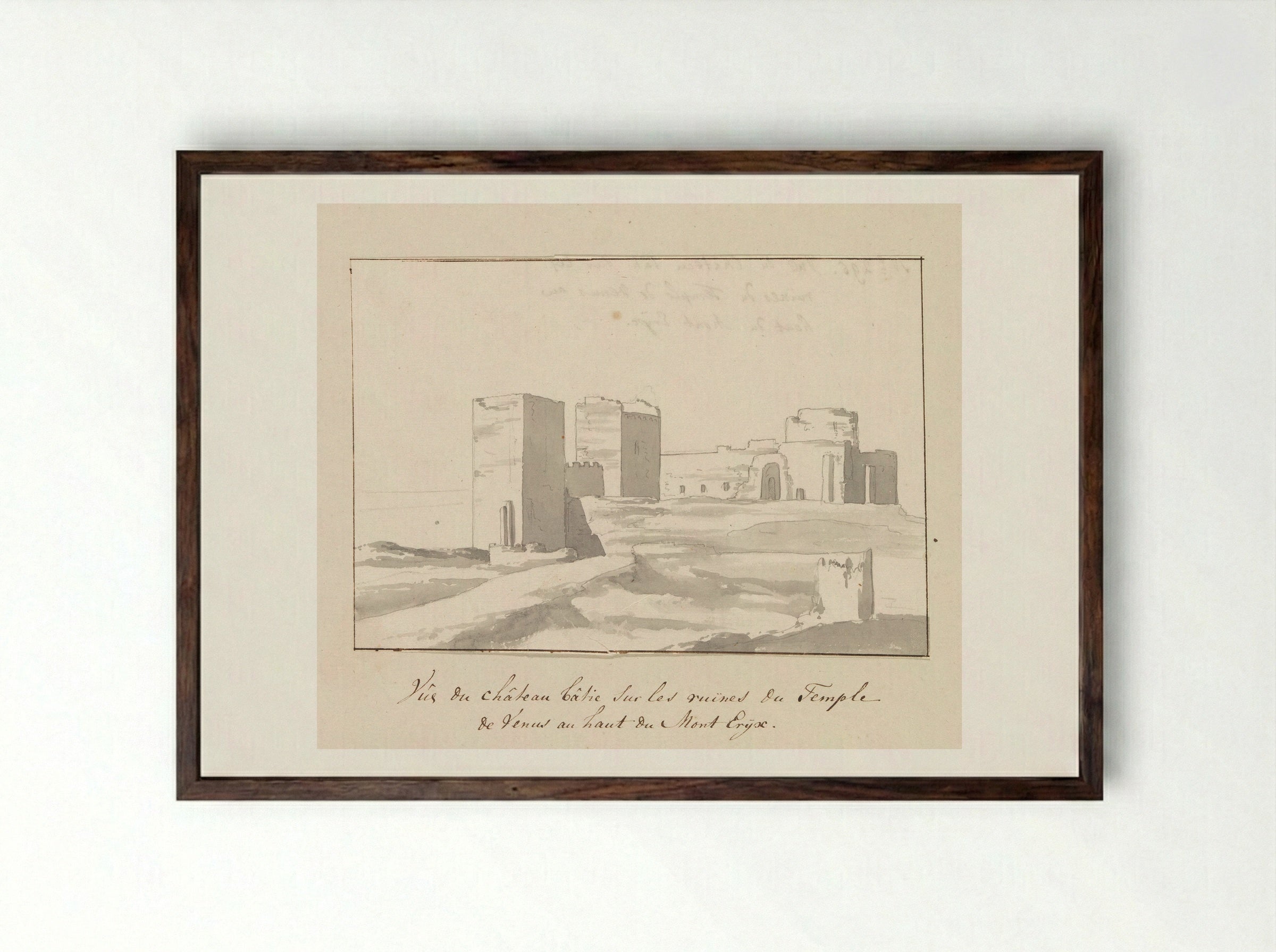 Vue du château bâtie sur les ruines du Temple de Venus au haut du Mont Eryx - Louis Ducros - Framed Print Dark Wood