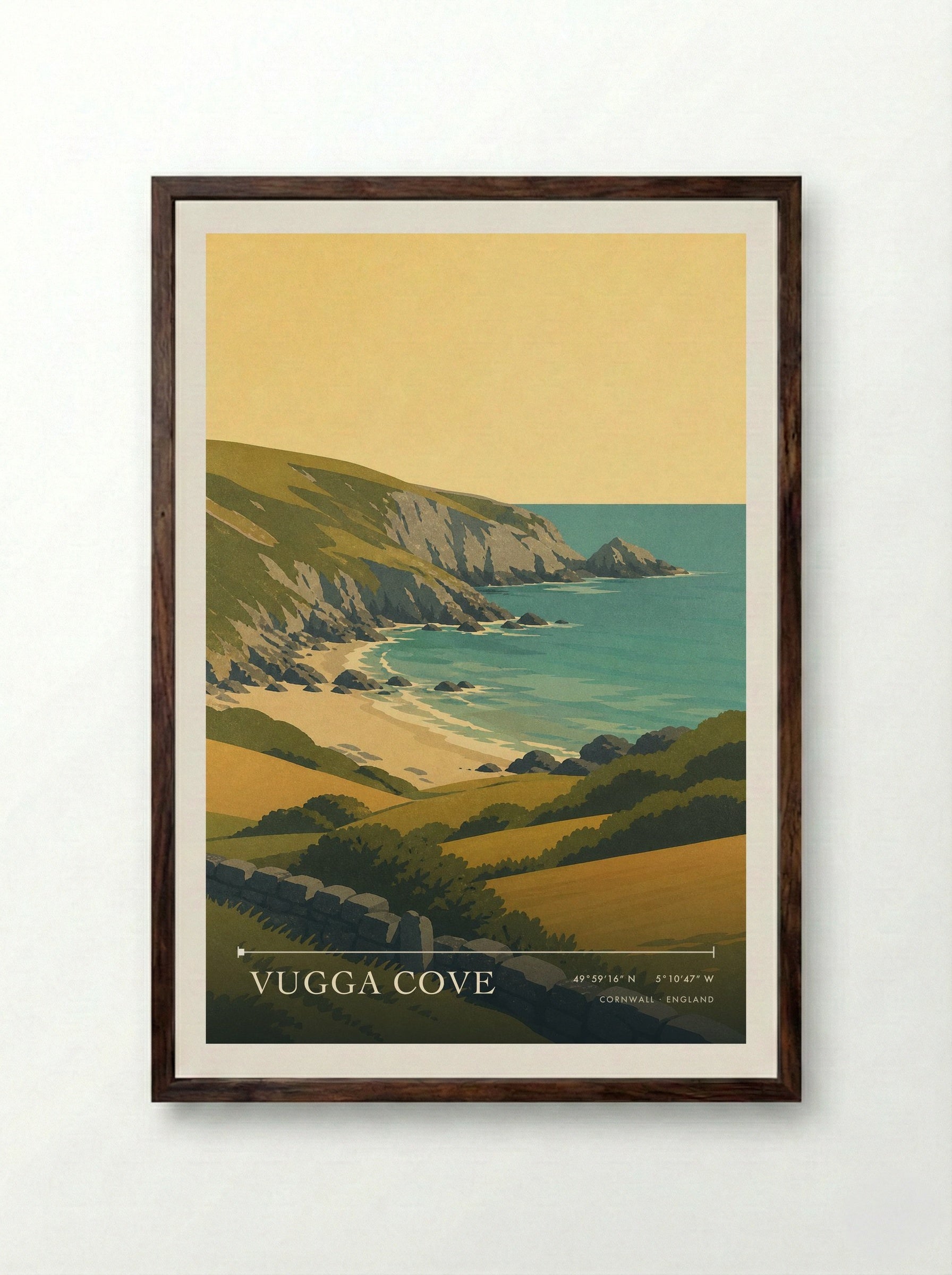 Vugga Cove Cornwall England Travel Poster - Framed Print Dark Wood