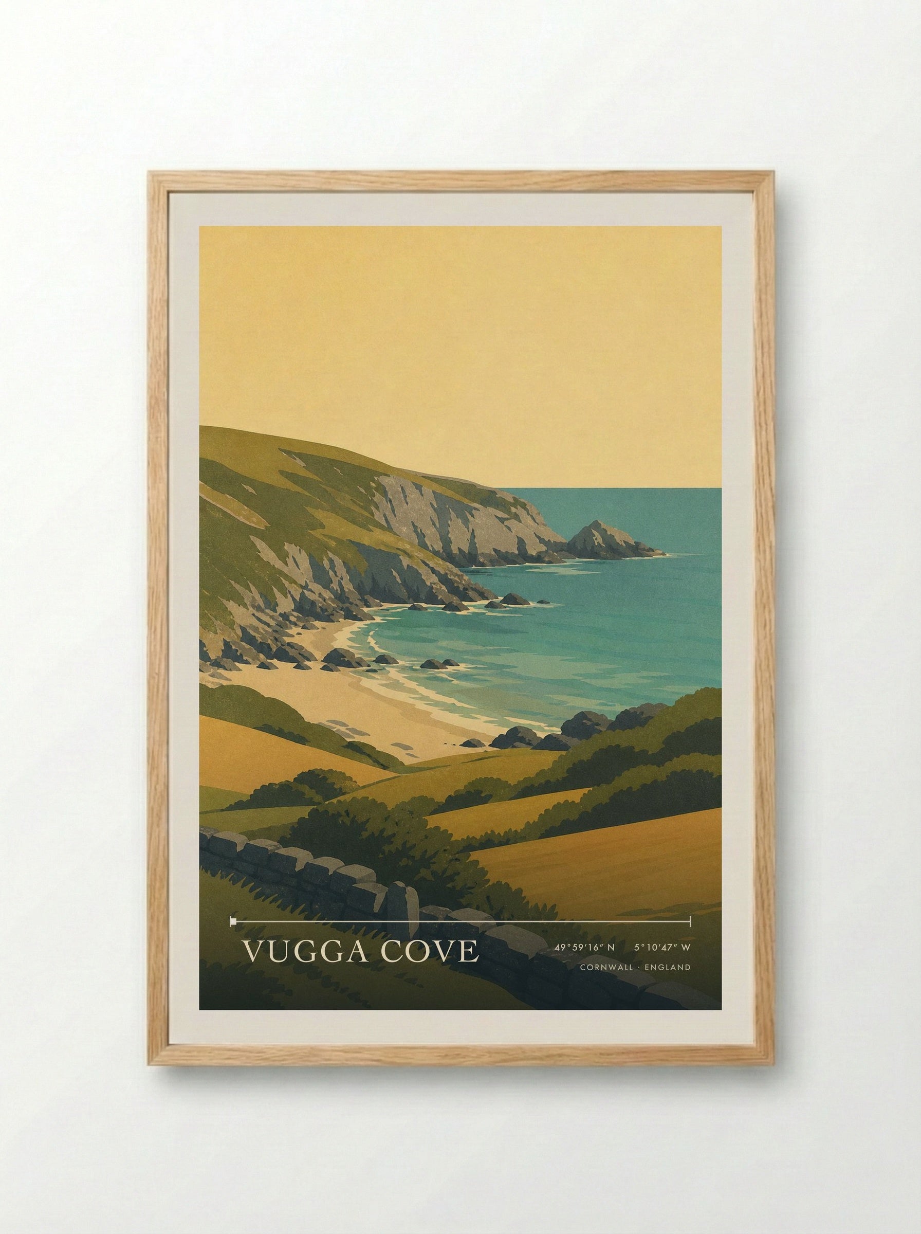 Vugga Cove Cornwall England Travel Poster - Framed Print Wood