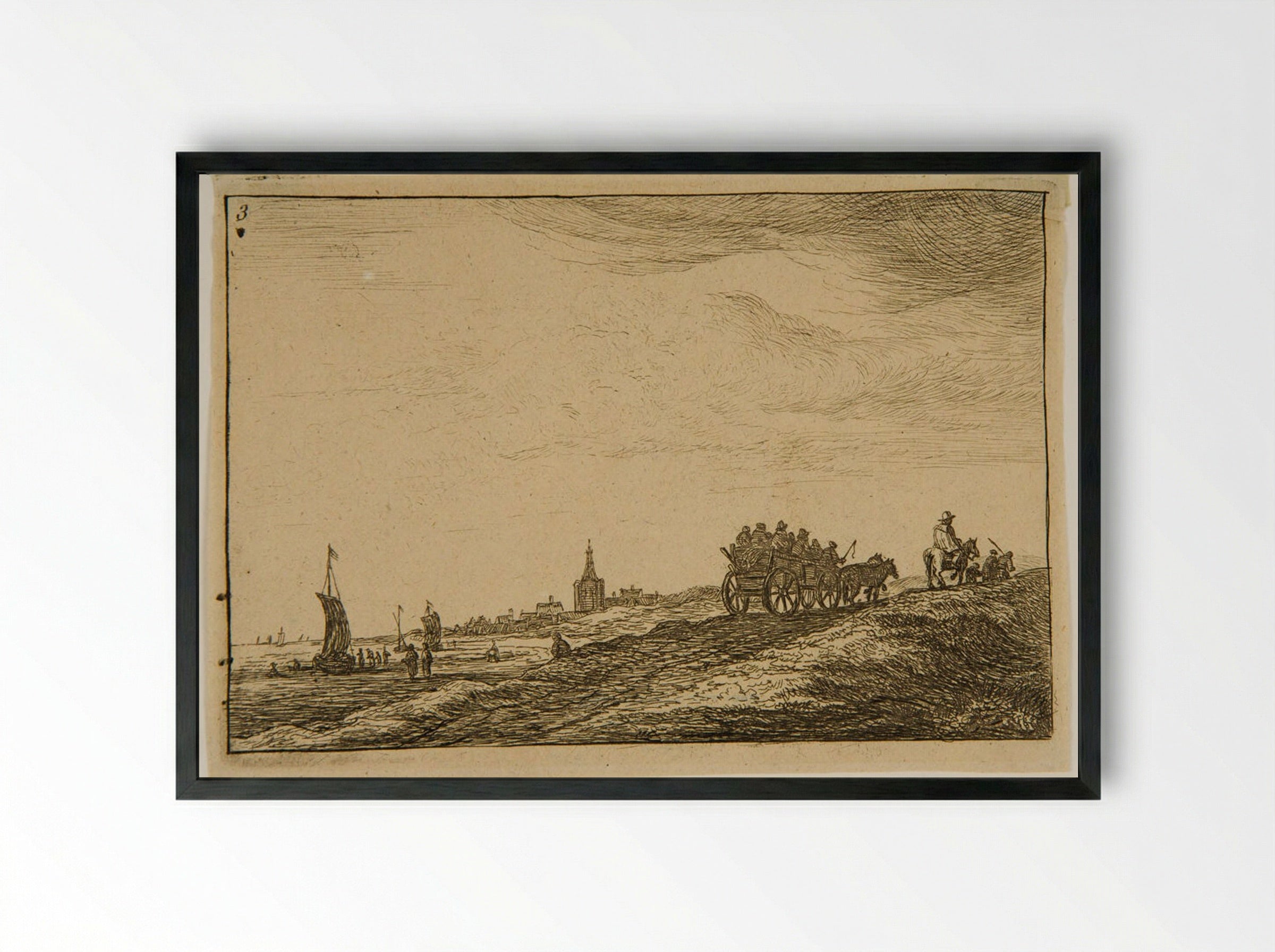 Wagon on the Road to Schevelingen - Anthonie Waterloo - Framed Print Black