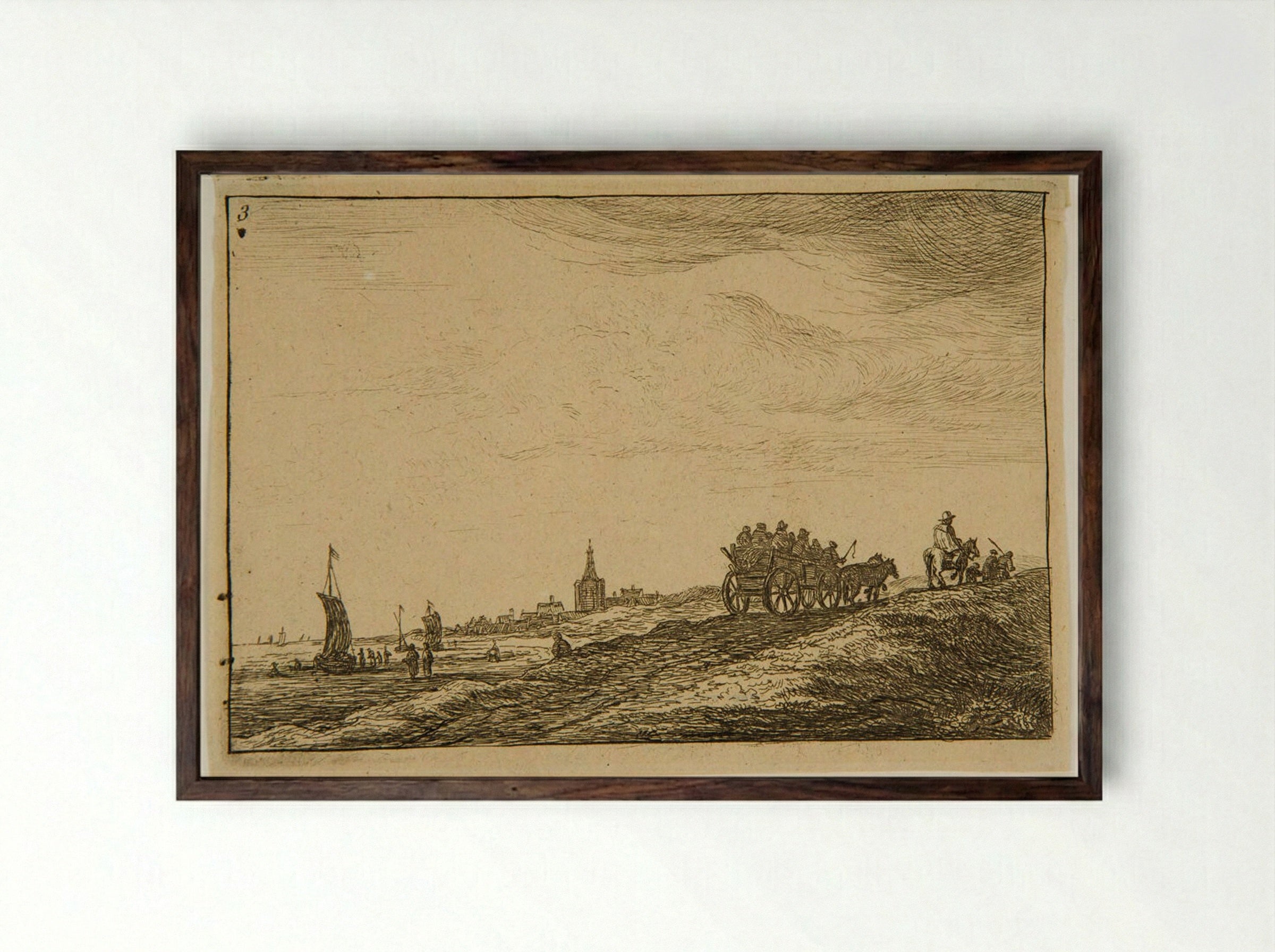 Wagon on the Road to Schevelingen - Anthonie Waterloo - Framed Print Dark Wood