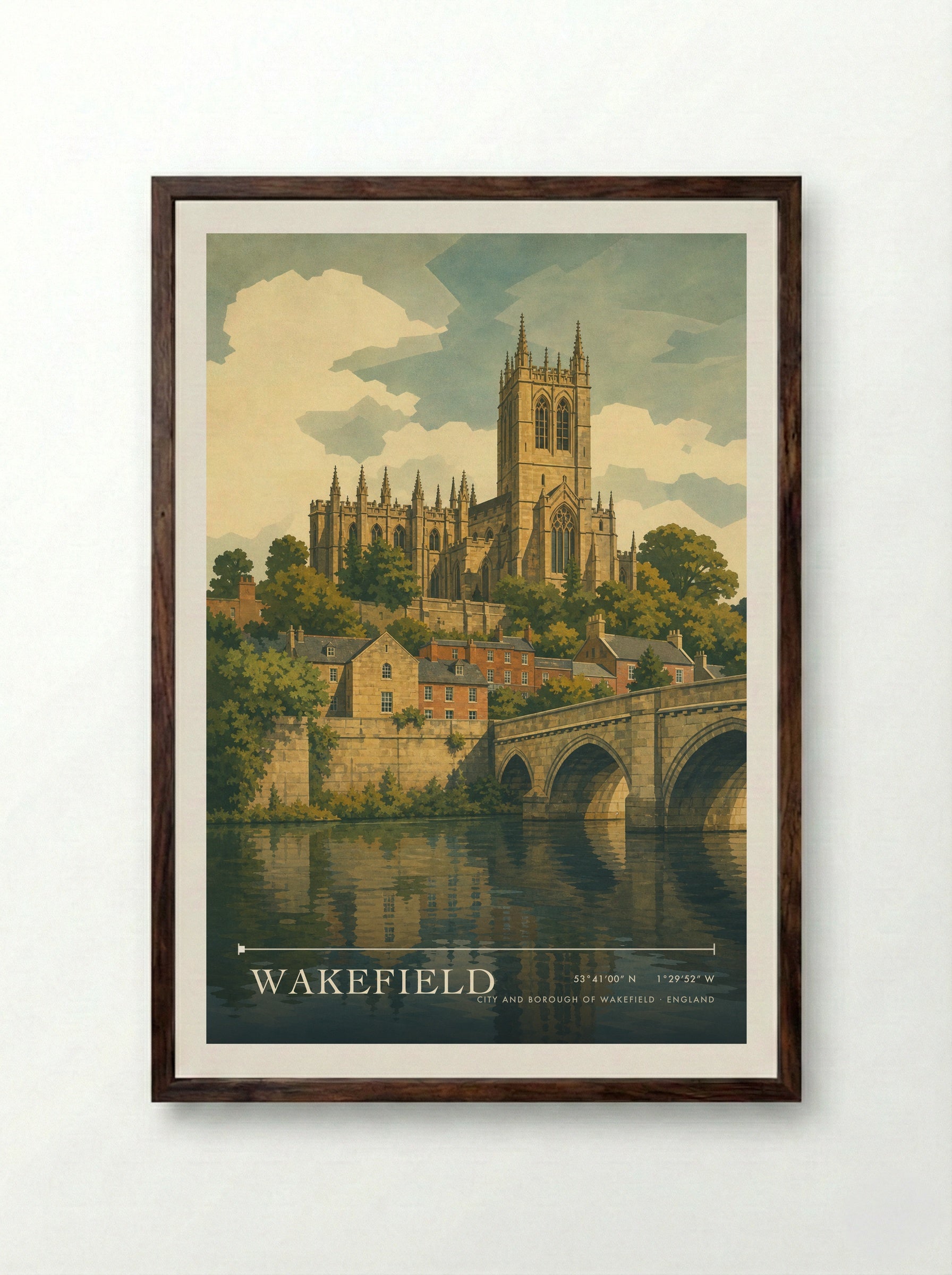Wakefield City and Borough of Wakefield England Travel Poster - Framed Print Dark Wood