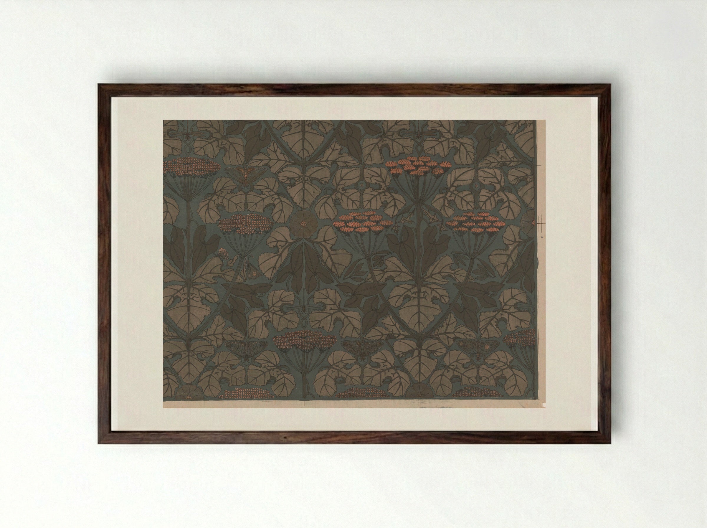 Wallpaper Design with Umbellifers, Butterflies and Dragonflies - Theo Nieuwenhuis - Framed Print Dark Wood