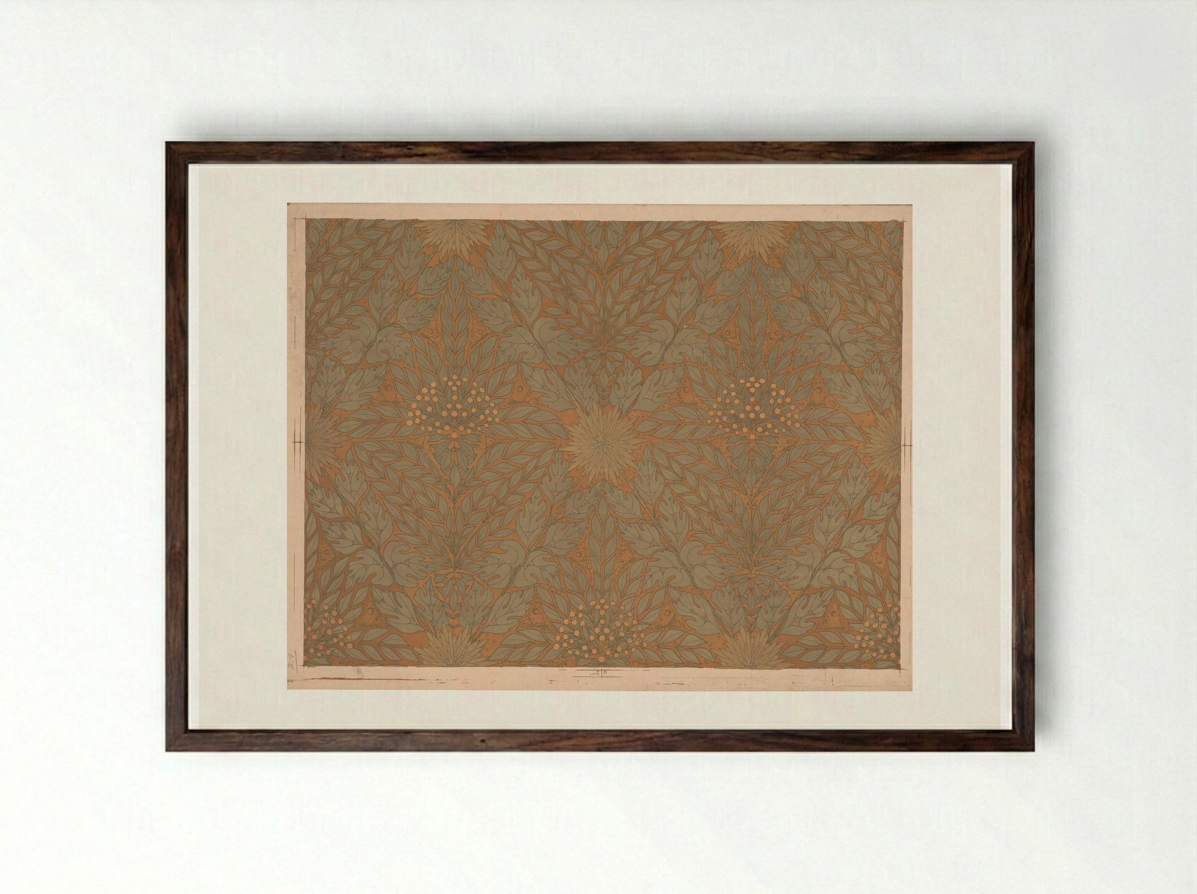 Wallpaper with Branches, Berries and Butterfly - Theo Nieuwenhuis - Framed Print Dark Wood
