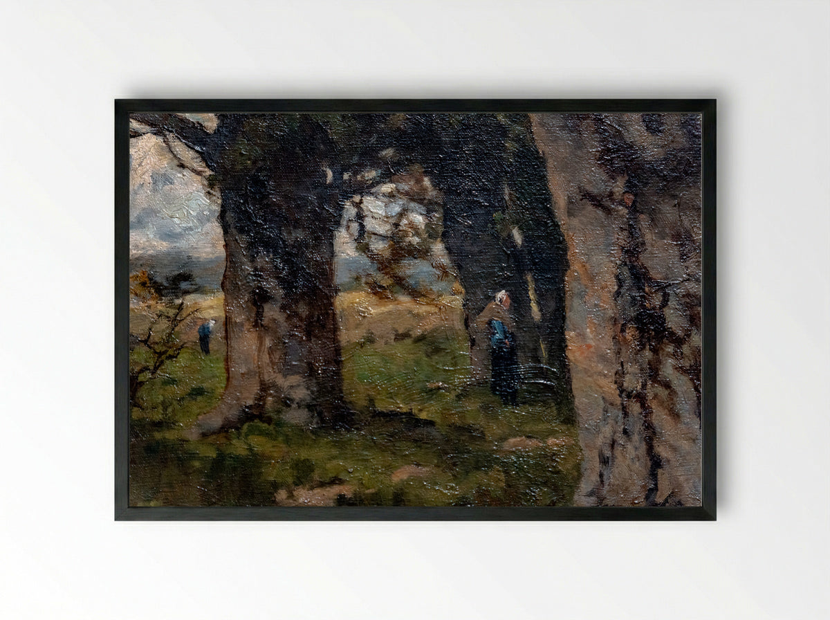 Wandelaar in de sneeuw bij de rand van een bos - Maria Bilders-van Bosse - Framed Print Black