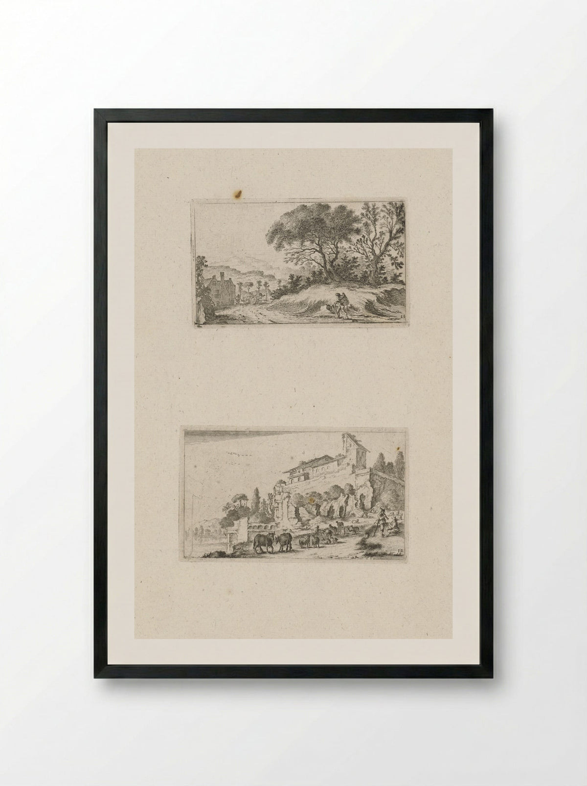 Wandelaar onderweg en ruïne van een villa op een heuvel - Gillis van Scheyndel (I) - Framed Print Black