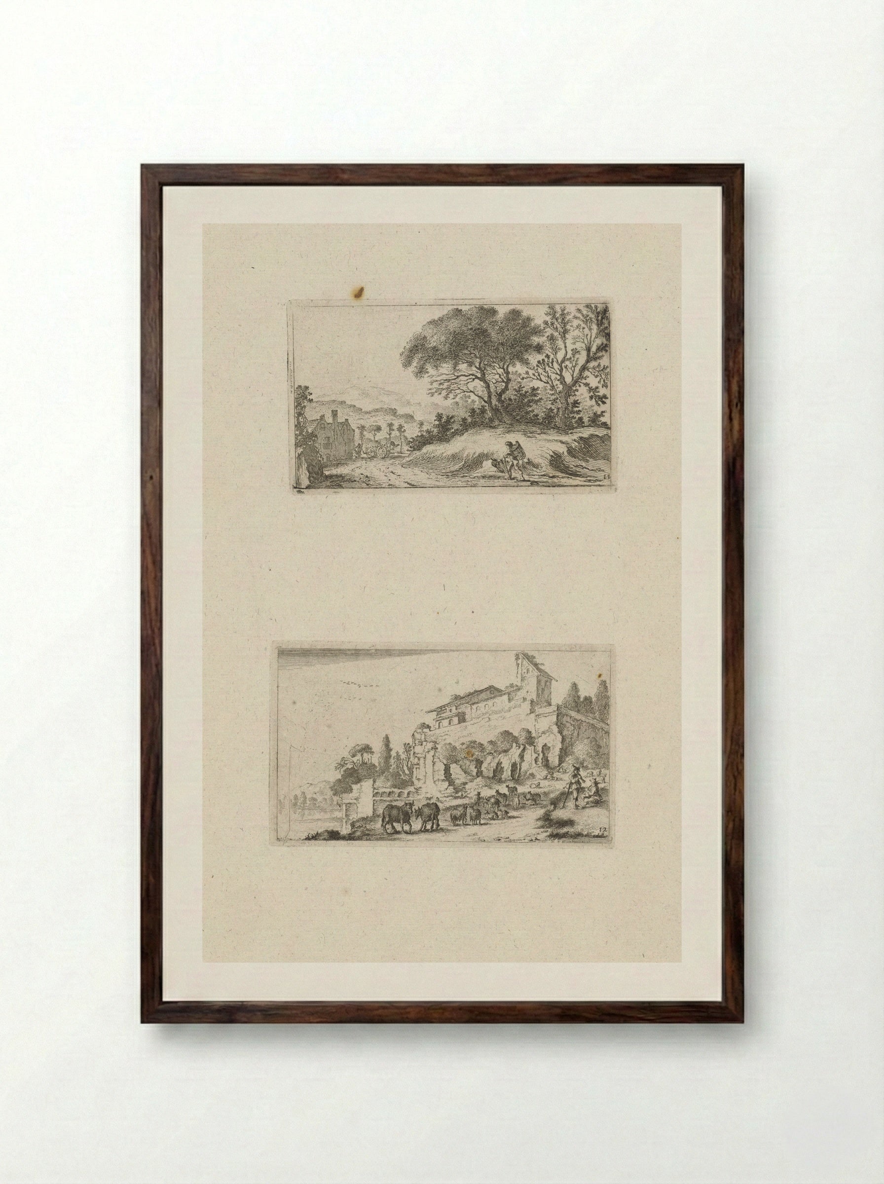 Wandelaar onderweg en ruïne van een villa op een heuvel - Gillis van Scheyndel (I) - Framed Print Dark Wood