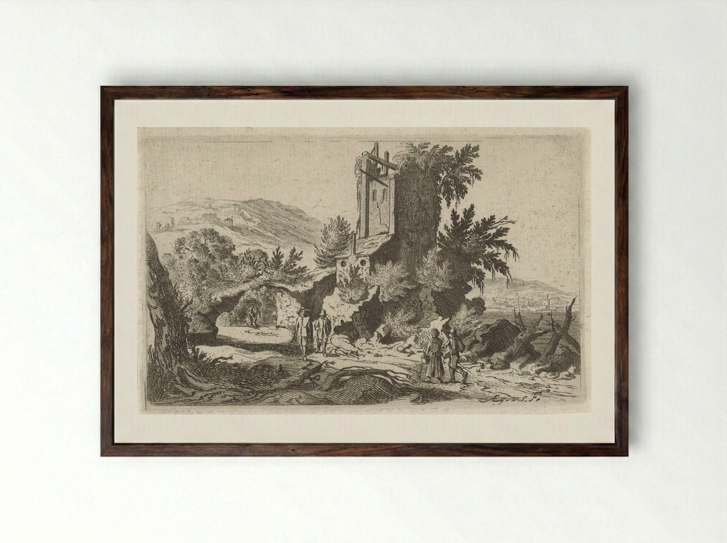 Wandelaars bij een ruïne - Gillis van Scheyndel (I) - Framed Print Dark Wood