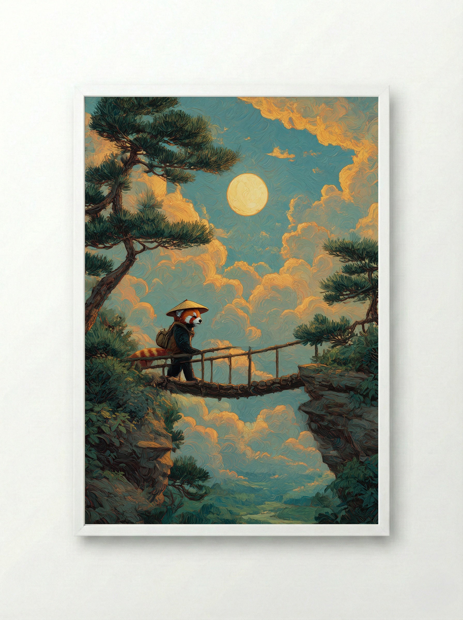 Wanderer’s Crossing – Red Panda Journey at Moonrise Wall Art - Framed Print White