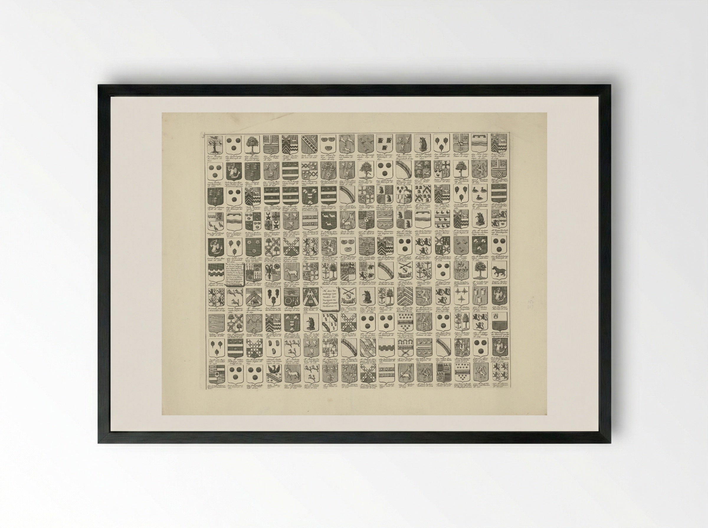 Wapenkaart met de wapens en namen van de Heren Veertigen van Delft - Hendrik de Leth - Framed Print Black
