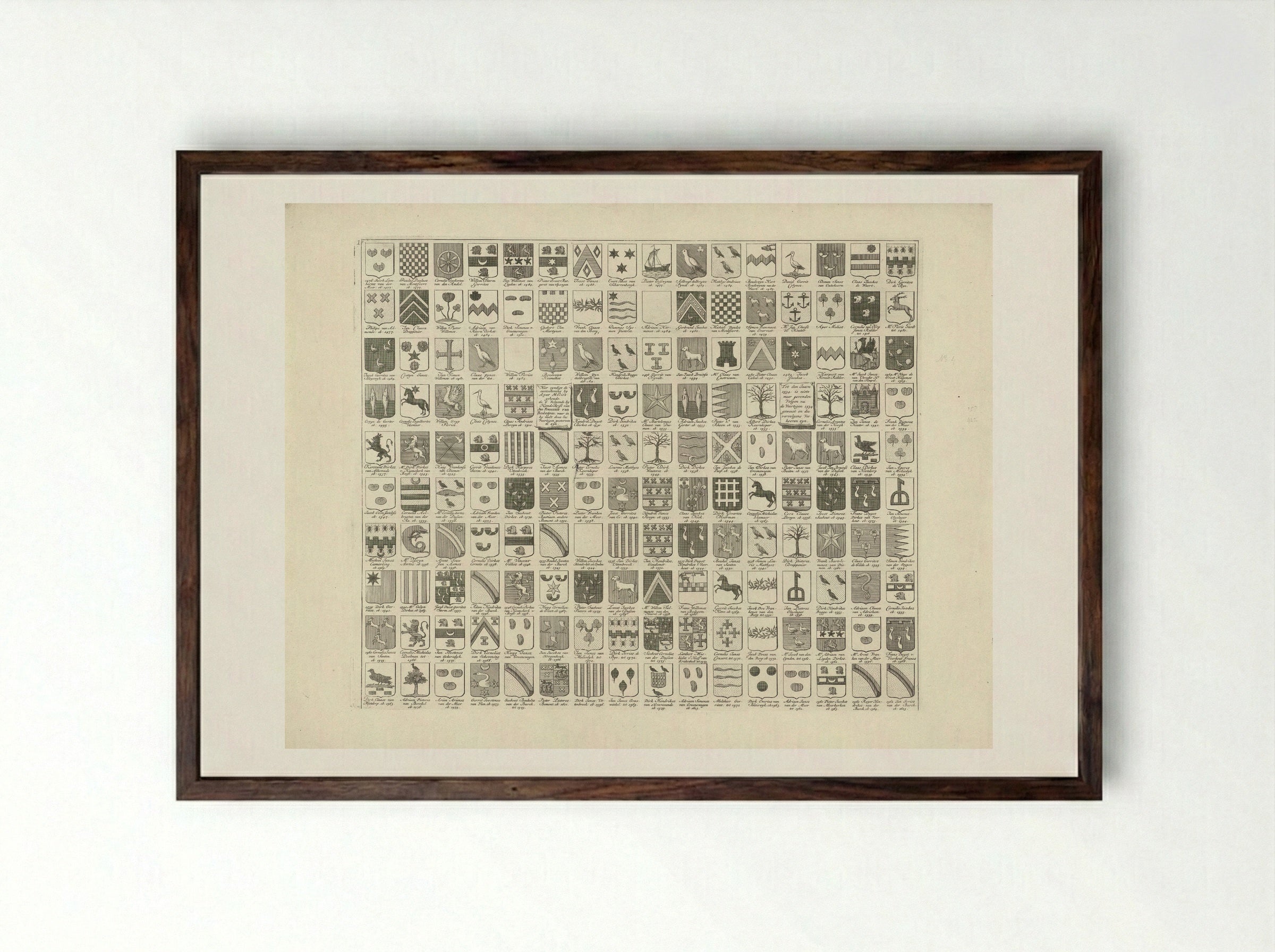 Wapenkaart met de wapens en namen van de Heren Veertigen van Delft - Hendrik de Leth - Framed Print Dark Wood