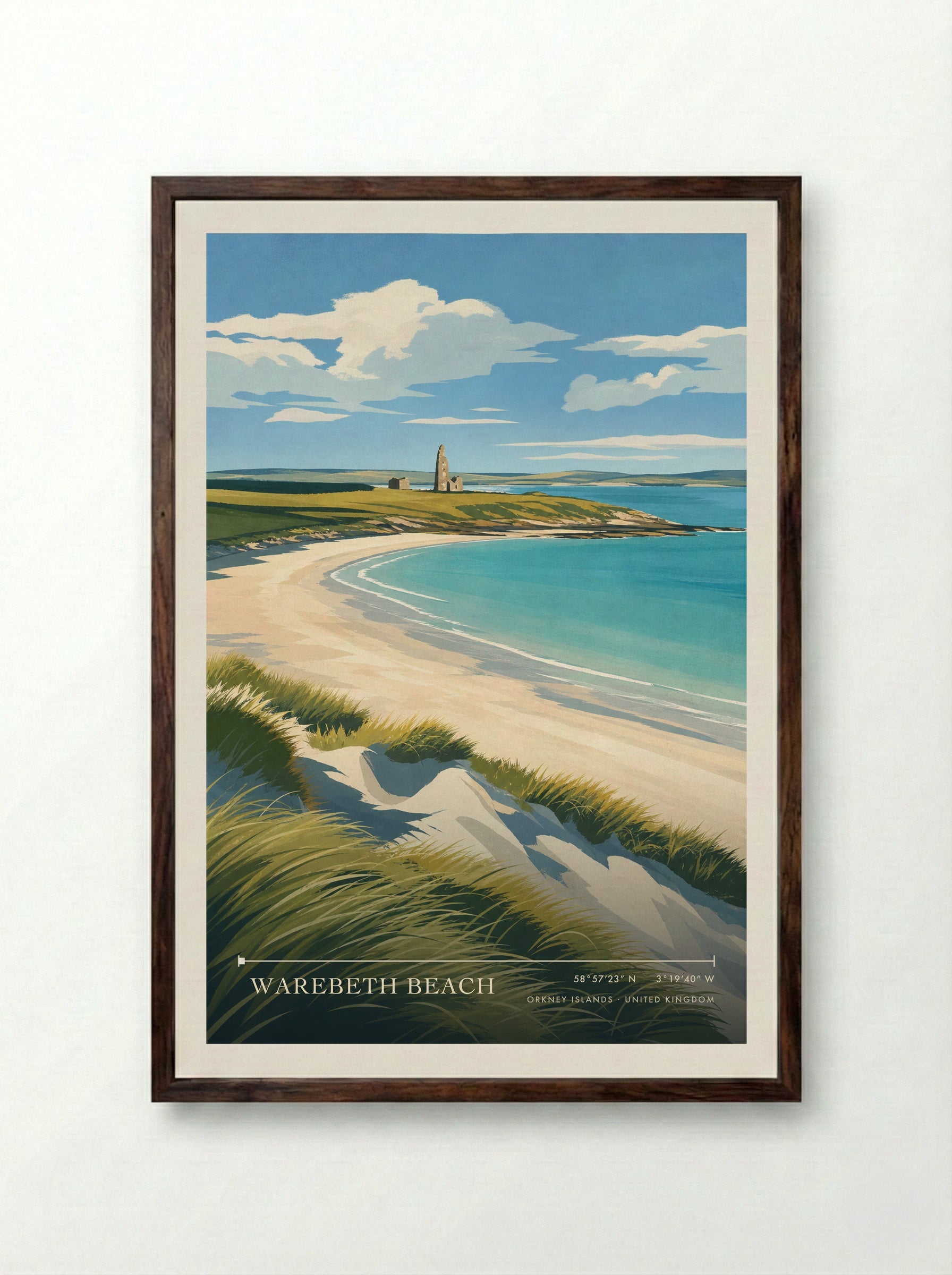 Warebeth Beach Orkney Islands United Kingdom Travel Poster - Framed Print Dark Wood