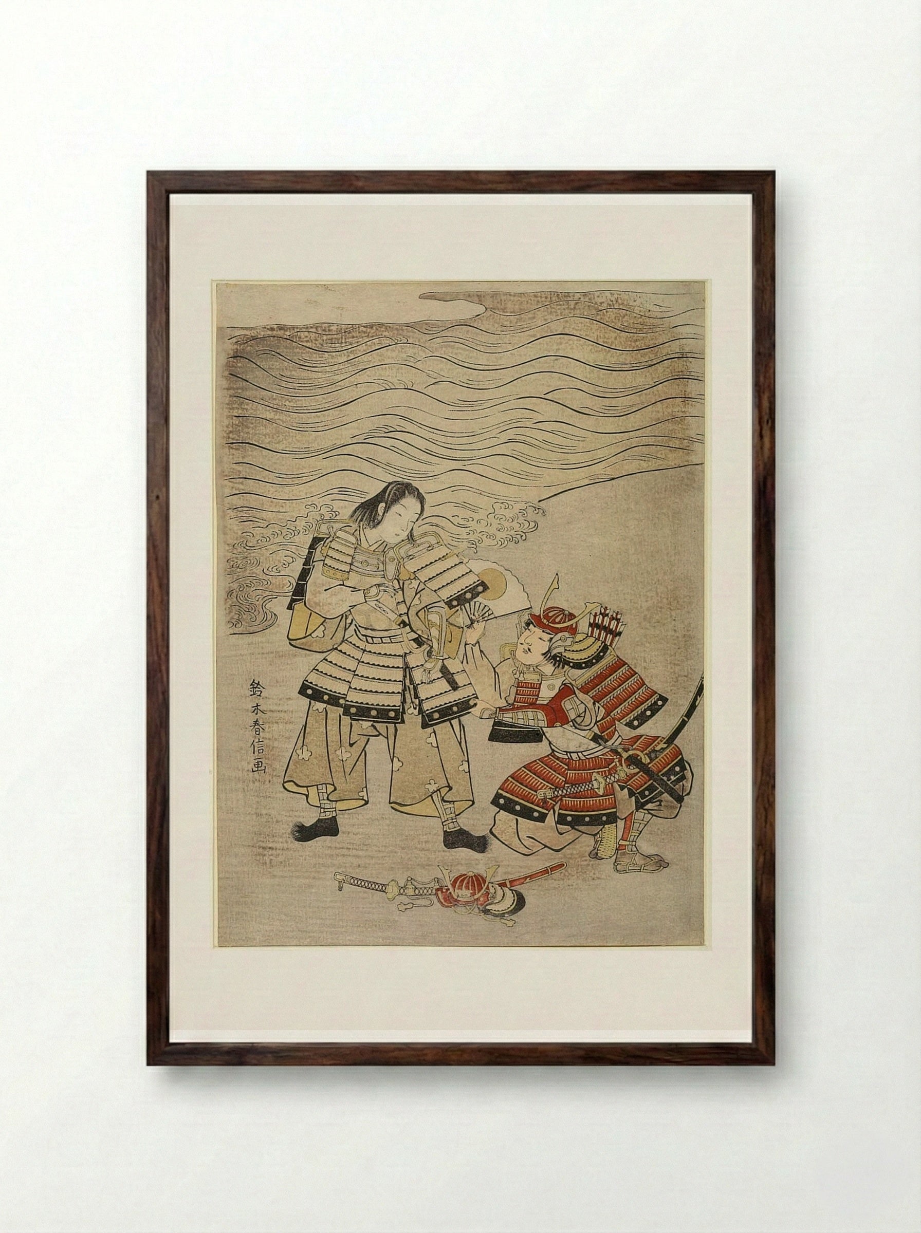 Warriors Kumagai Naozane and Taira Atsumori at Ichinotani - Suzuki Harunobu - Framed Print Dark Wood