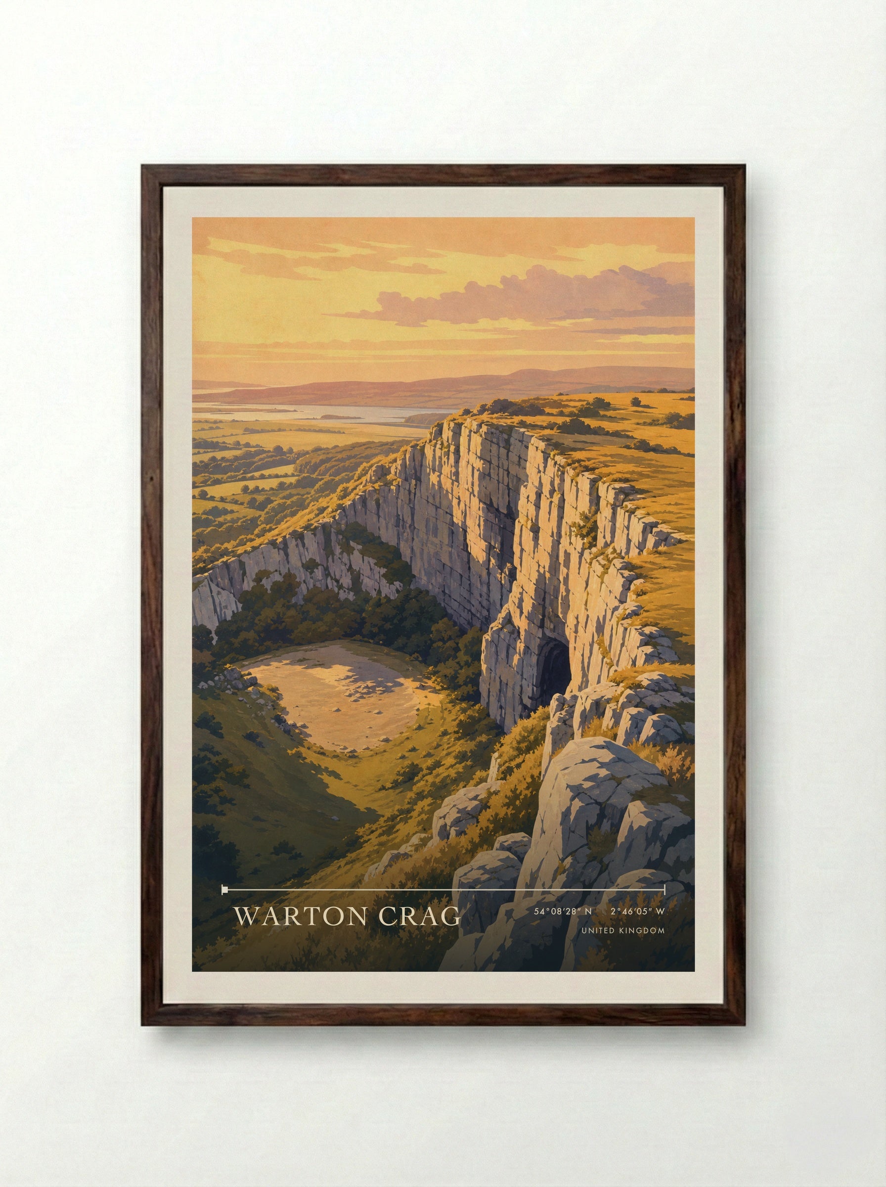 Warton Crag United Kingdom Travel Poster - Framed Print Dark Wood