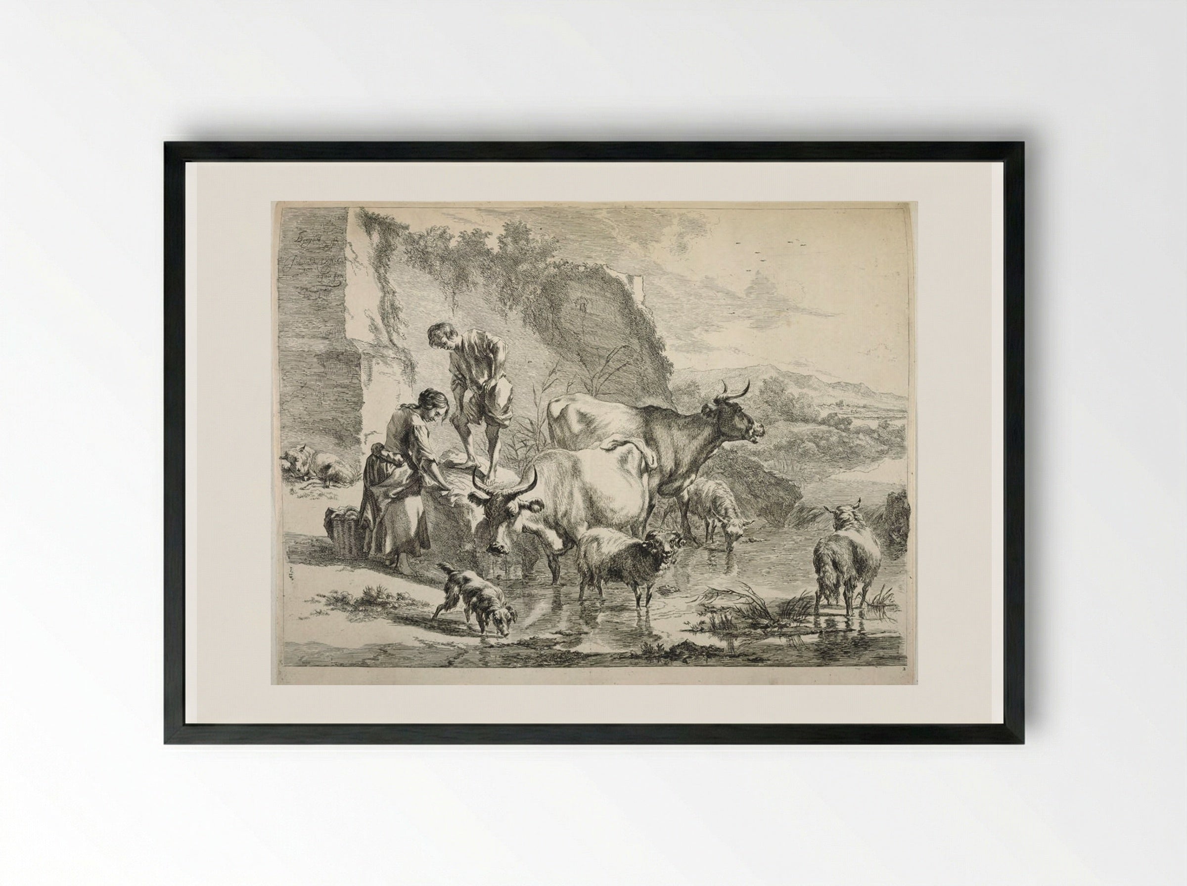 Washerwoman Drying Clothes in the Sun - Johannes Visscher - Framed Print Black