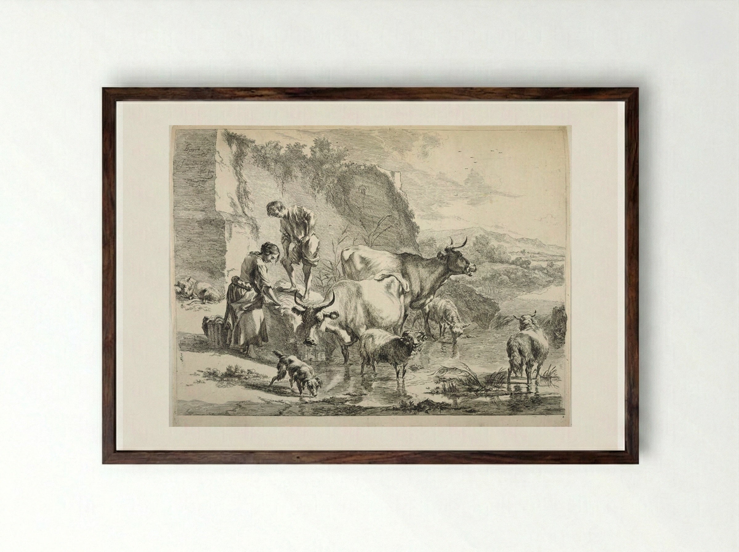Washerwoman Drying Clothes in the Sun - Johannes Visscher - Framed Print Dark Wood