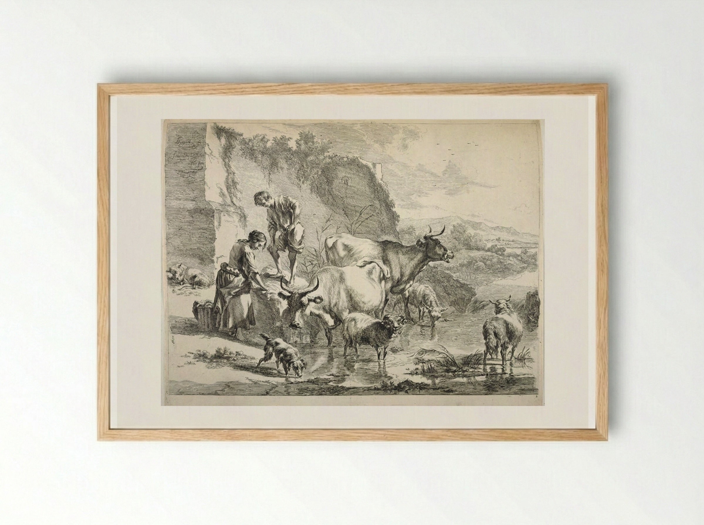 Washerwoman Drying Clothes in the Sun - Johannes Visscher - Framed Print Wood