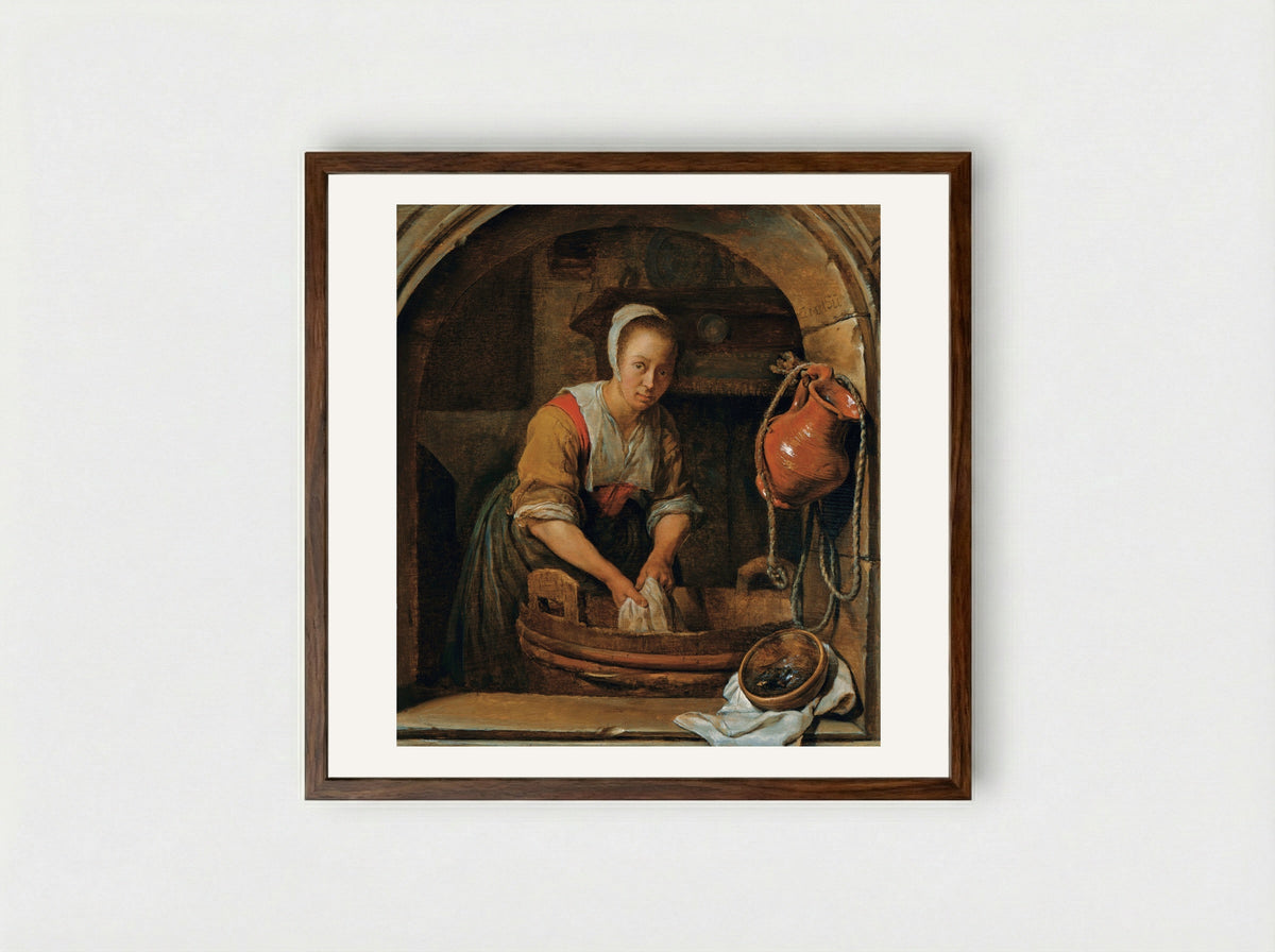 Washerwoman - Gabriel Metsu - Framed Print Dark Wood