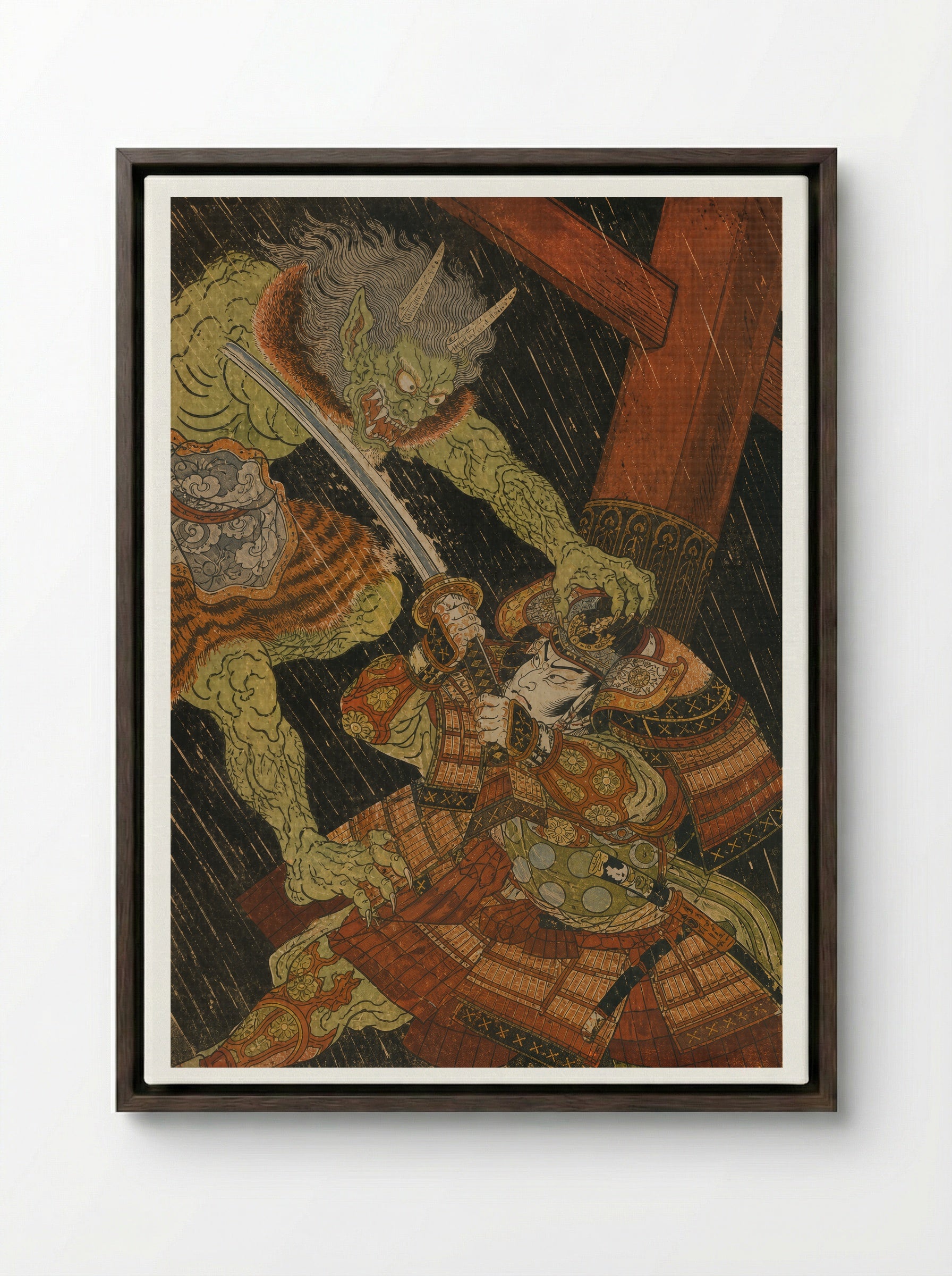 Watanabe no Tsuna at Rashomon: Beneath Rashomon - Framed Canvas Dark Wood