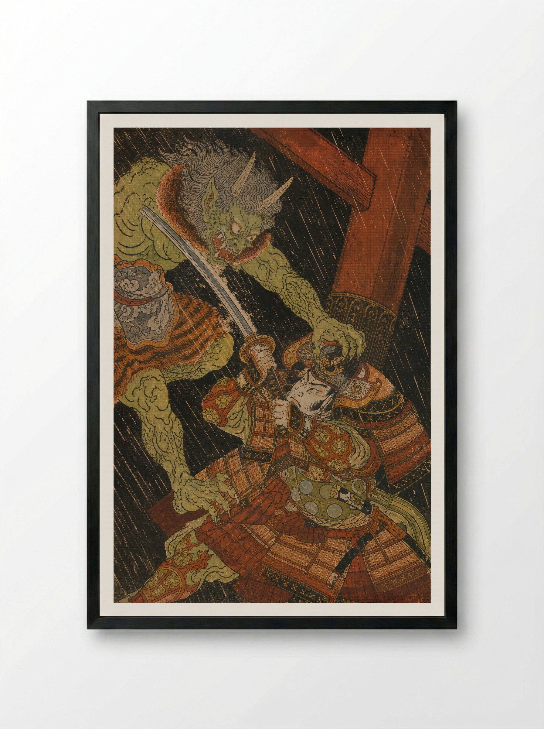 Watanabe no Tsuna at Rashomon: Beneath Rashomon - Framed Print Black