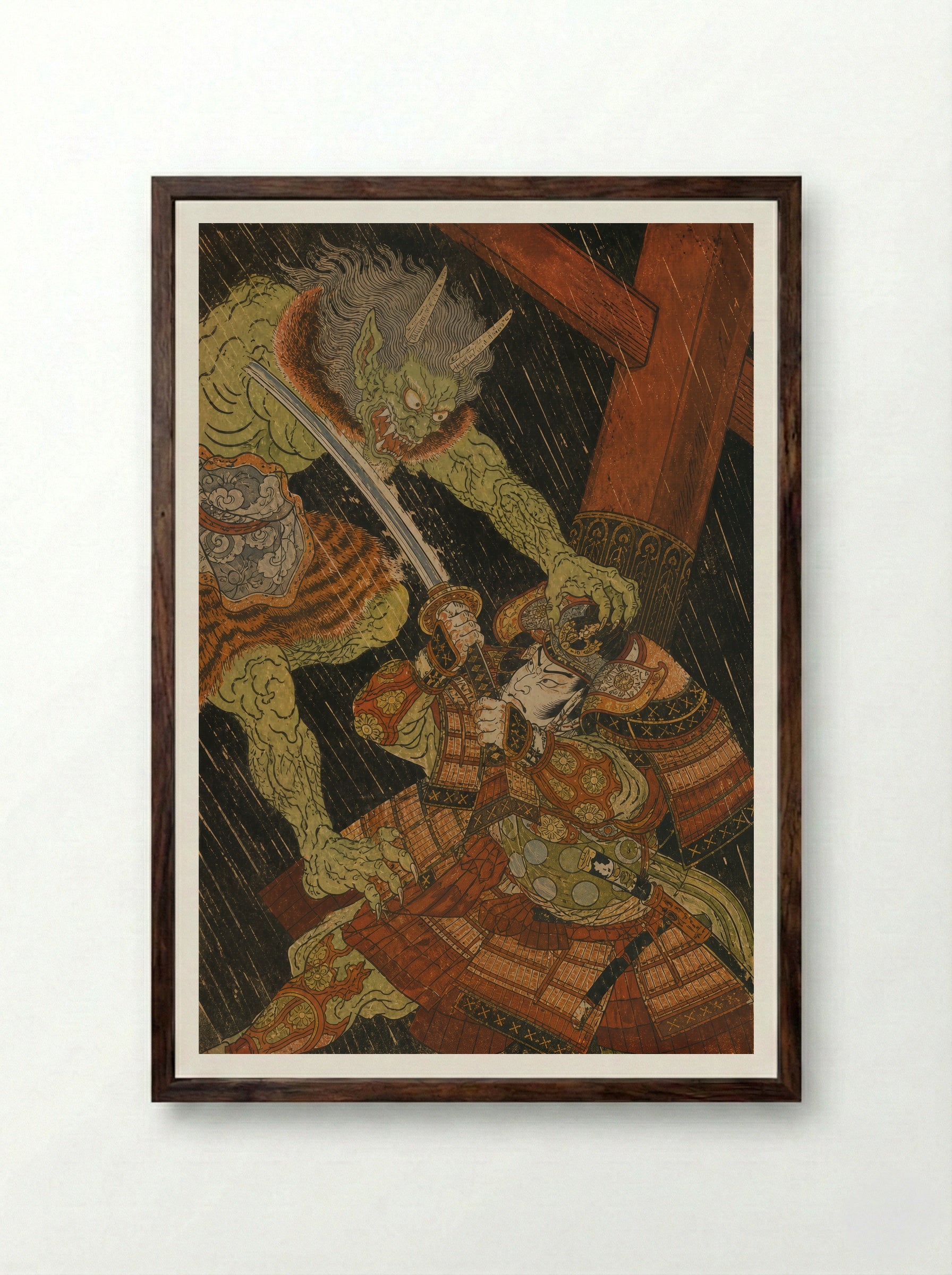 Watanabe no Tsuna at Rashomon: Beneath Rashomon - Framed Print Dark Wood