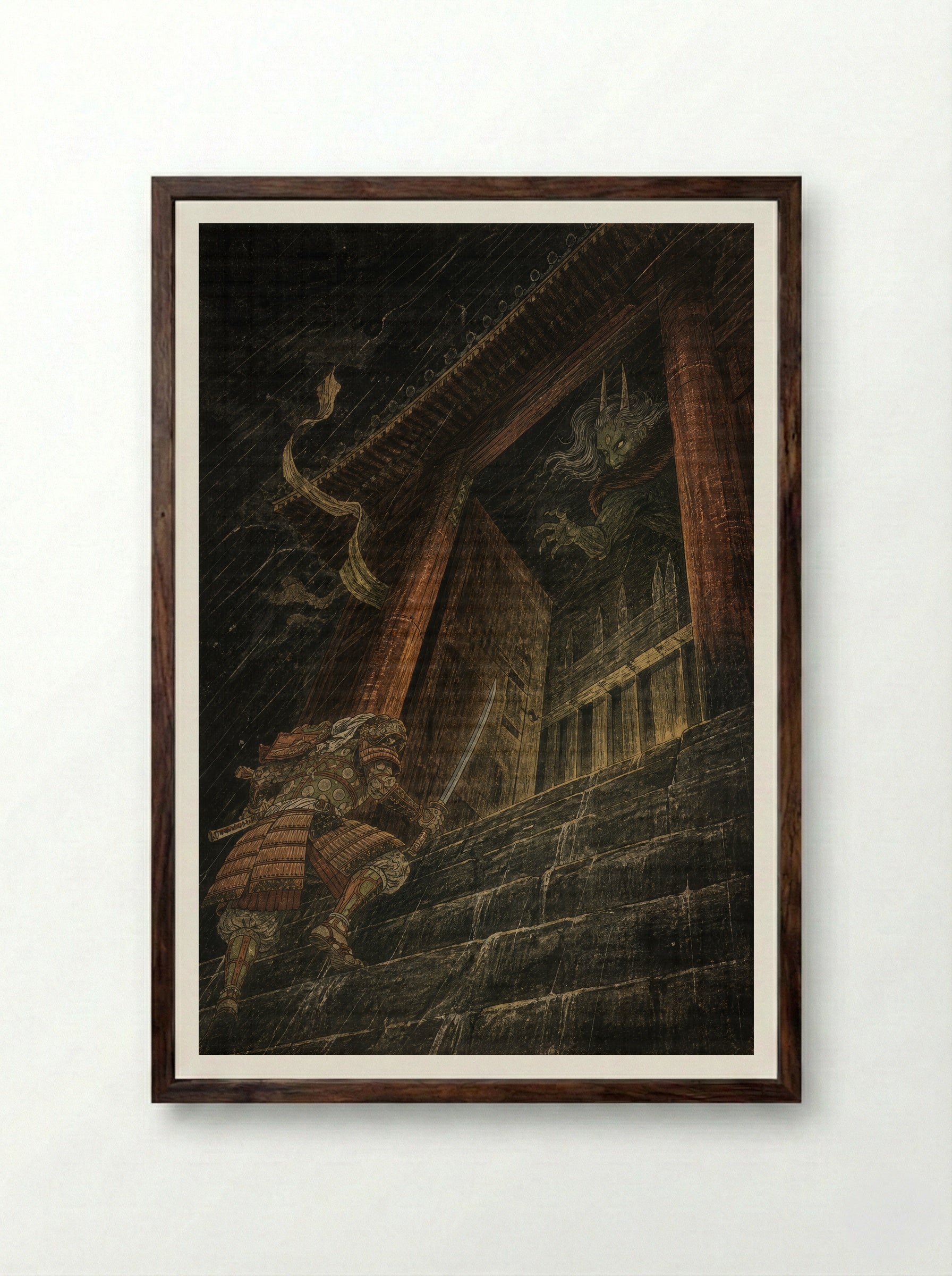 Watanabe no Tsuna at Rashomon: The Storm Gate - Framed Print Dark Wood