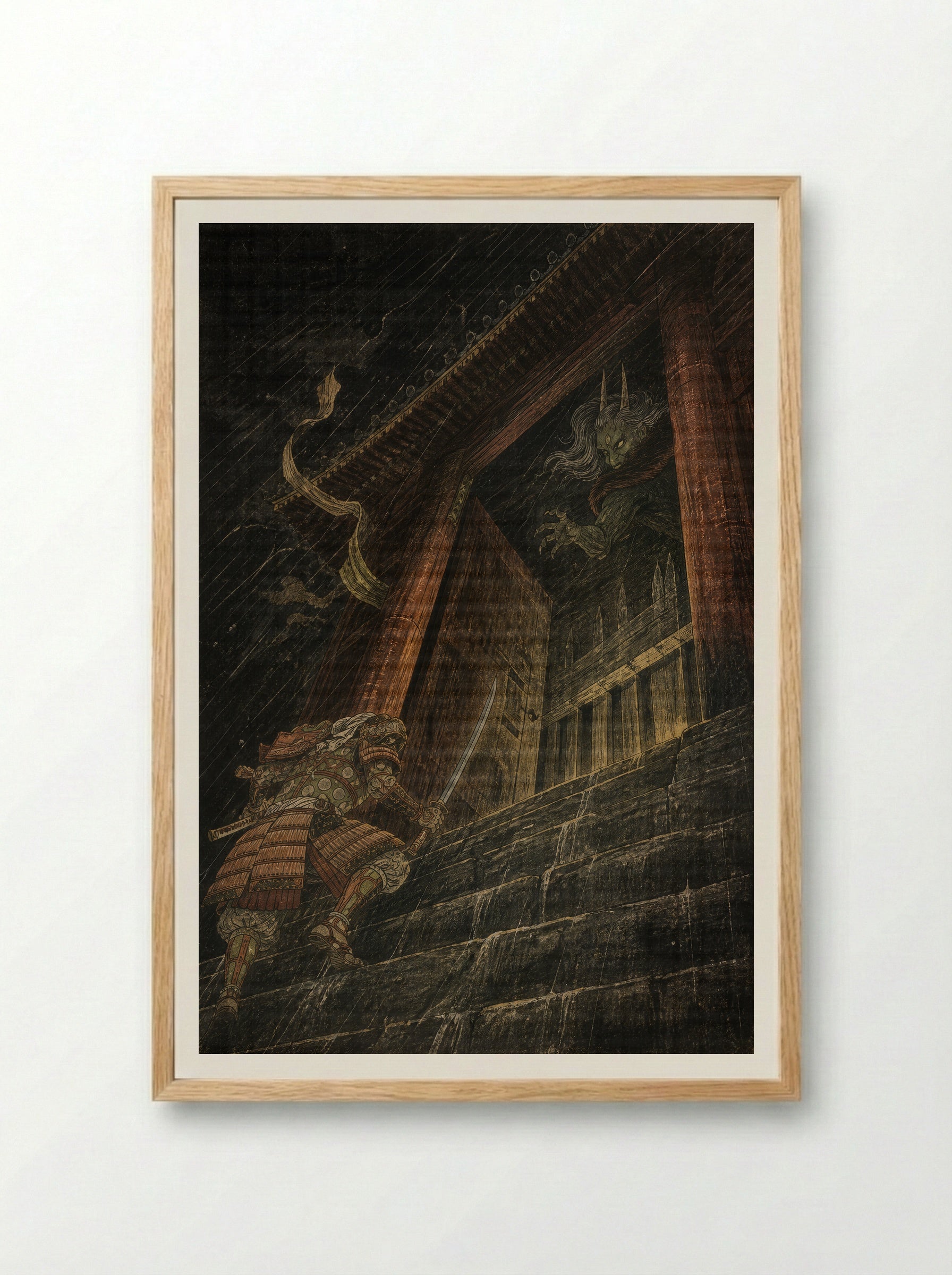 Watanabe no Tsuna at Rashomon: The Storm Gate - Framed Print Wood